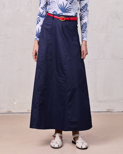 Cotton Yoke Circle Skirt-Navy