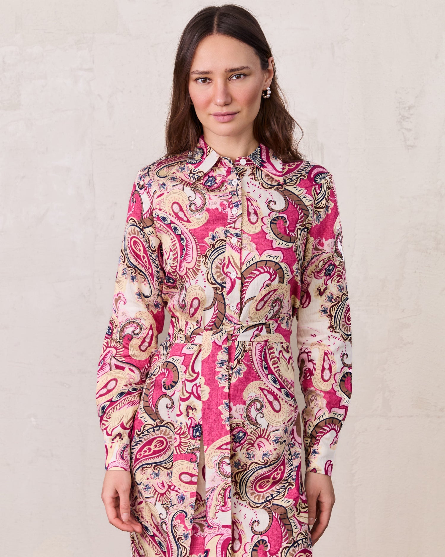 Long Button Down Shirtdress-Coral Paisley