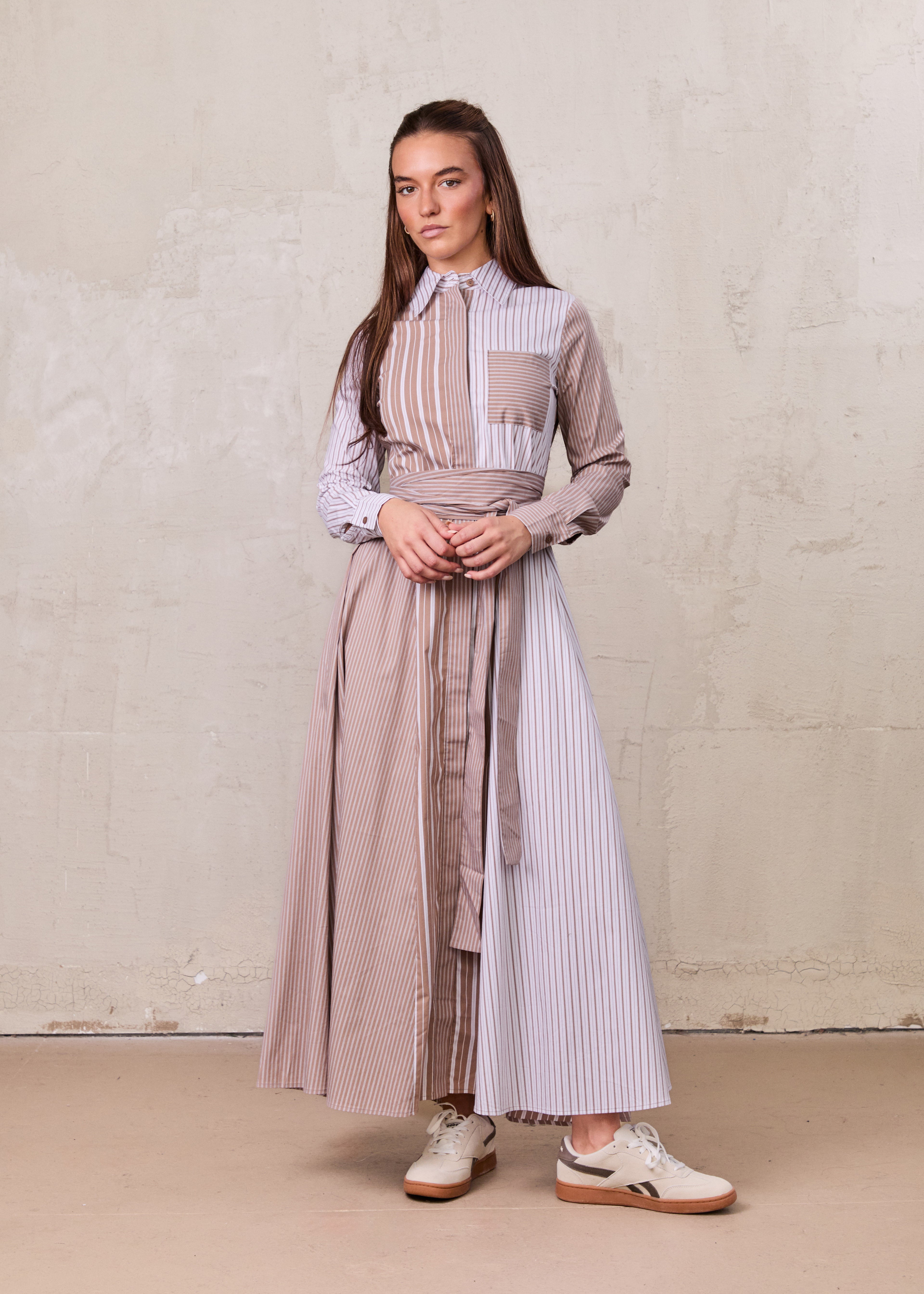 Mixed Pinstripe Belted Shirtdress-Tan