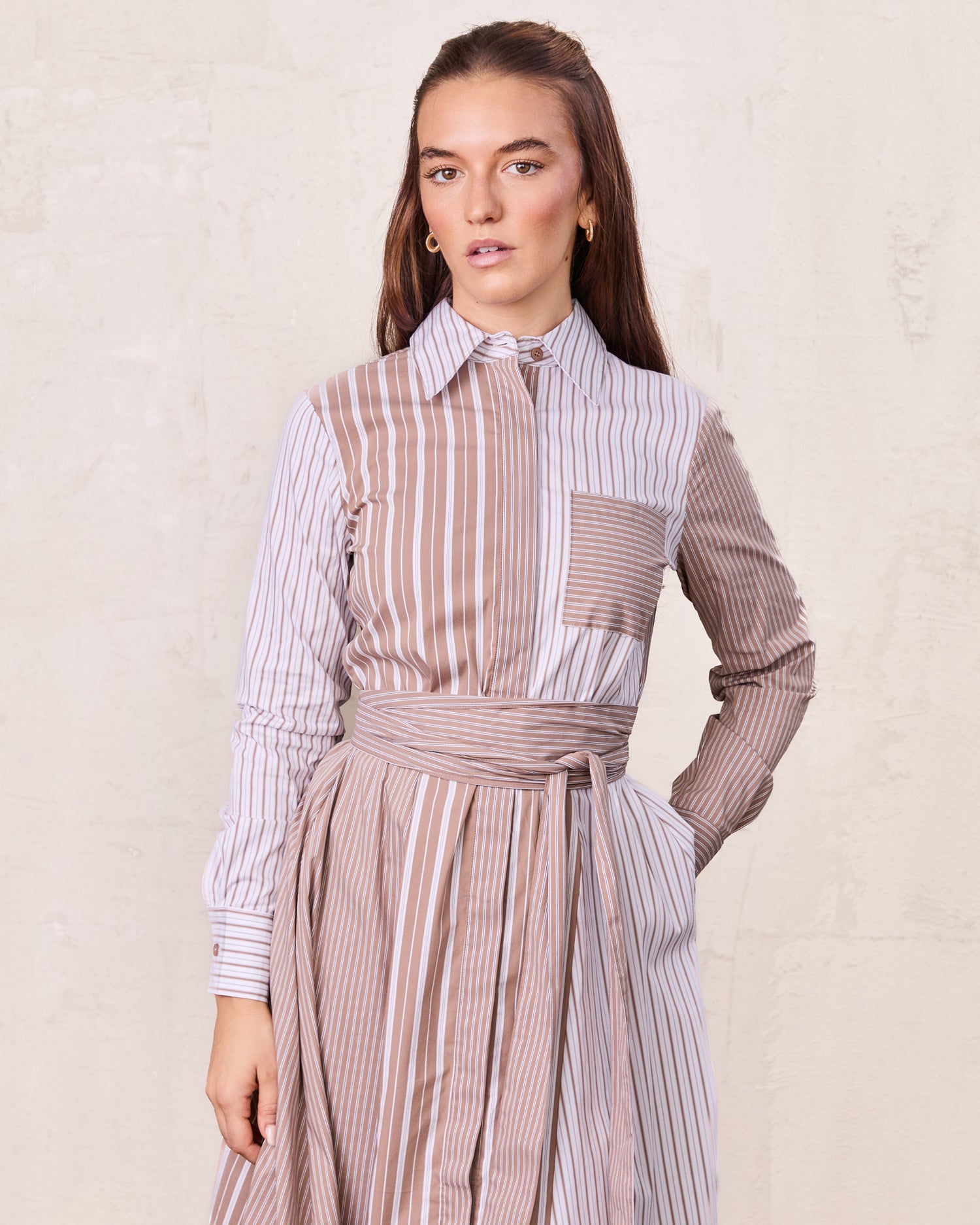 Mixed Pinstripe Belted Shirtdress-Tan