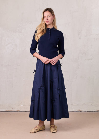 Wide Band Pointelle Sweater-Navy