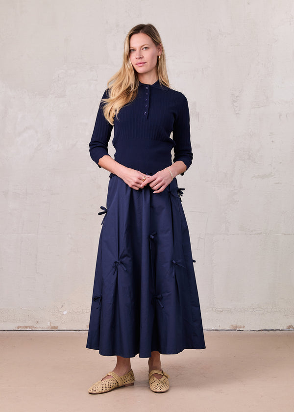 Wide Band Pointelle Sweater-Navy