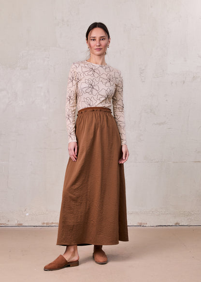 Elastic Waist Ruffle Skirt-Brown