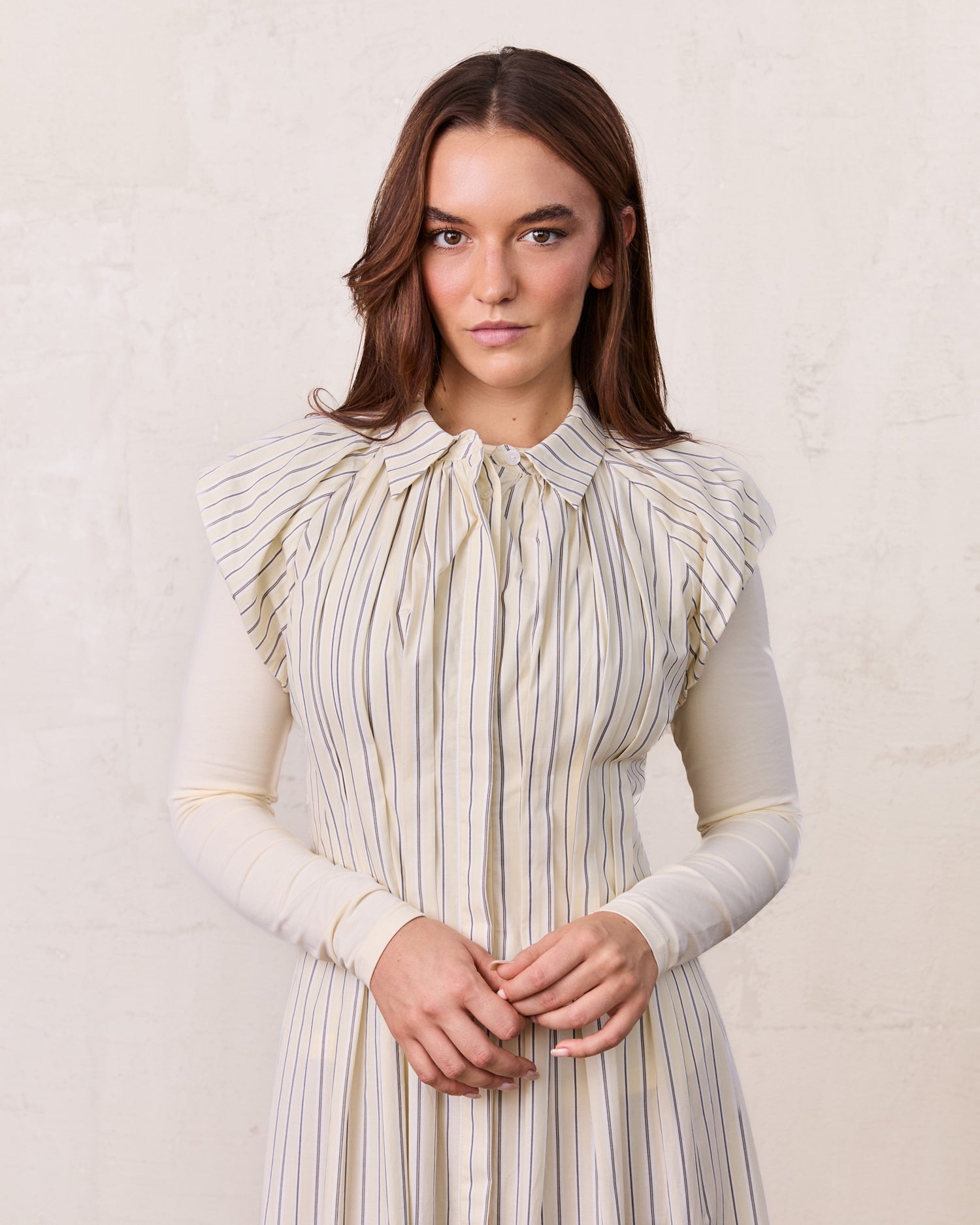 pinstripe pleated dress Mirage Women's Pinstripe Pleat Front Button Down Dress | Sleeveless Midi Elegant Shirt Dress - Size 14