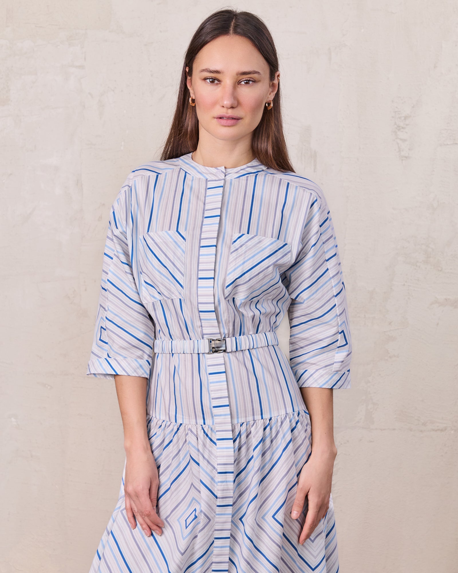 Belted Wide Sleeve Dress-Blue Stripe
