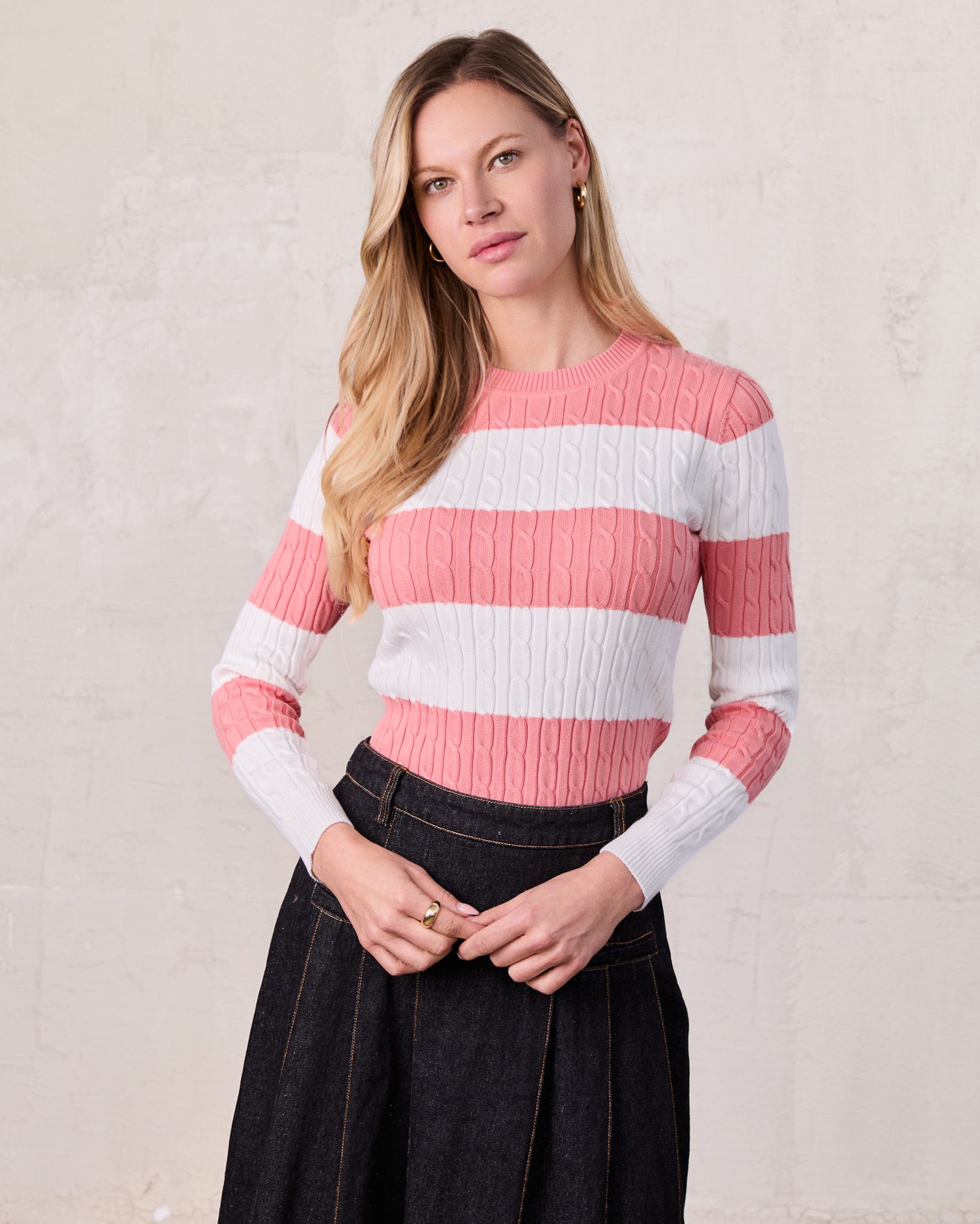 Striped Cable Sweater-Coral/White