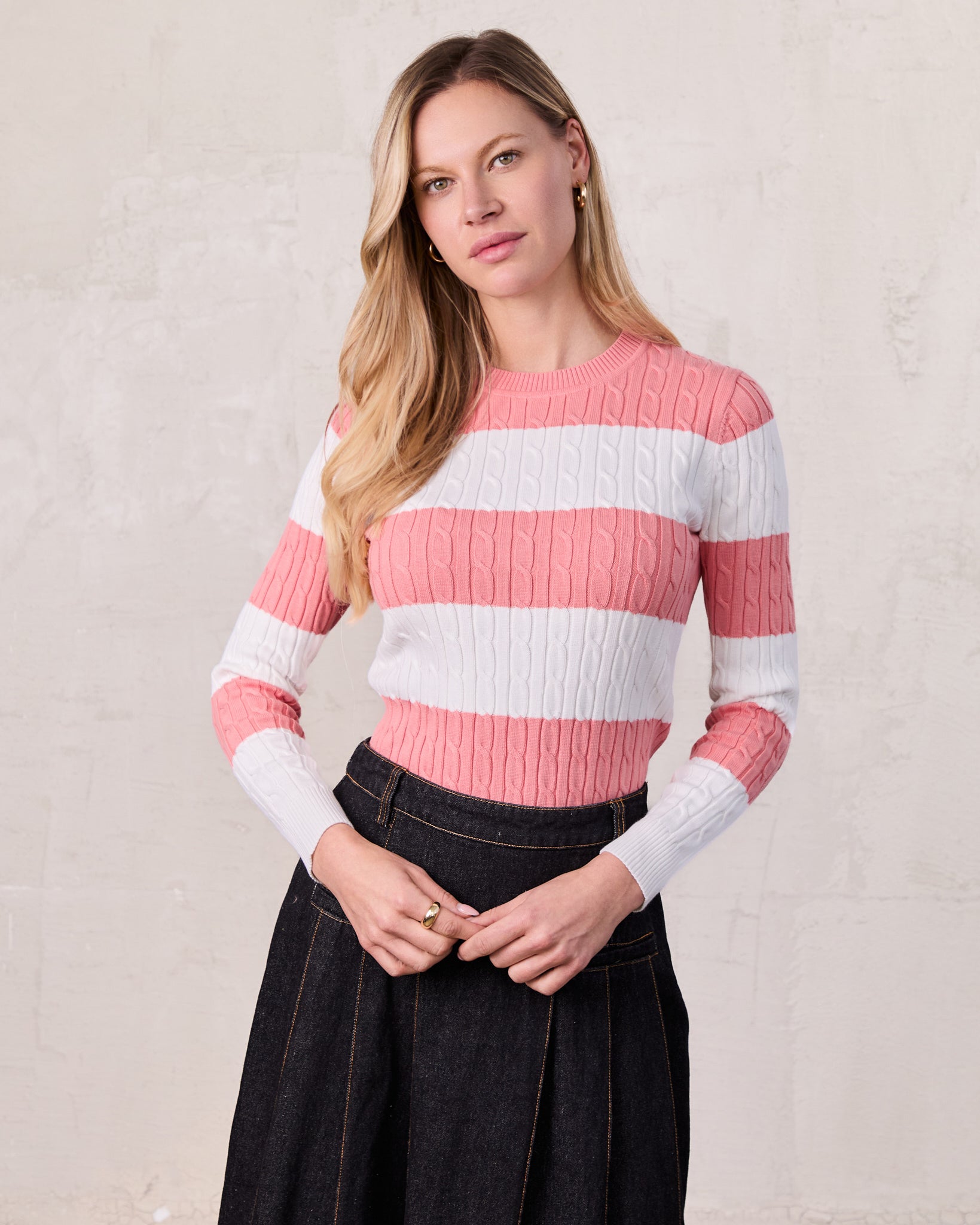 Striped Cable Sweater-Coral/White