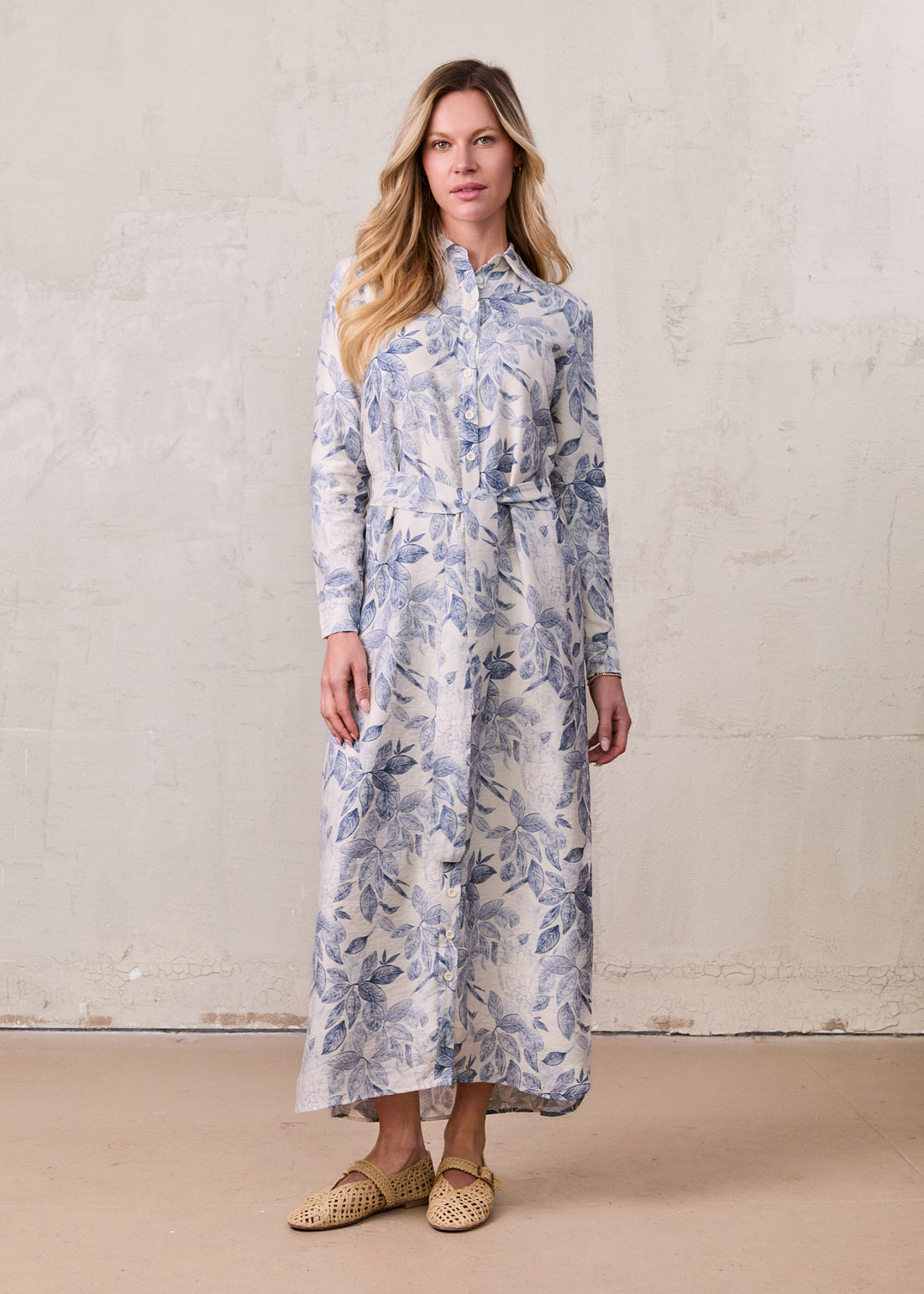 Long Button Down Shirtdress-Blue Leaves