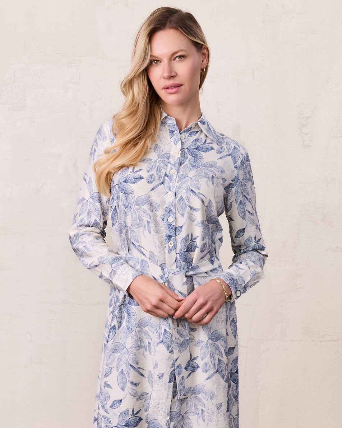 Long Button Down Shirtdress-Blue Leaves
