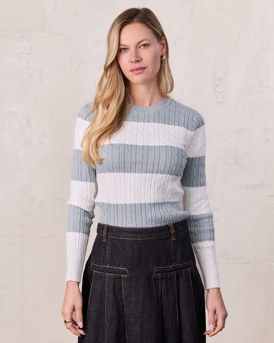 Striped Cable Sweater-Dusty Mint/White