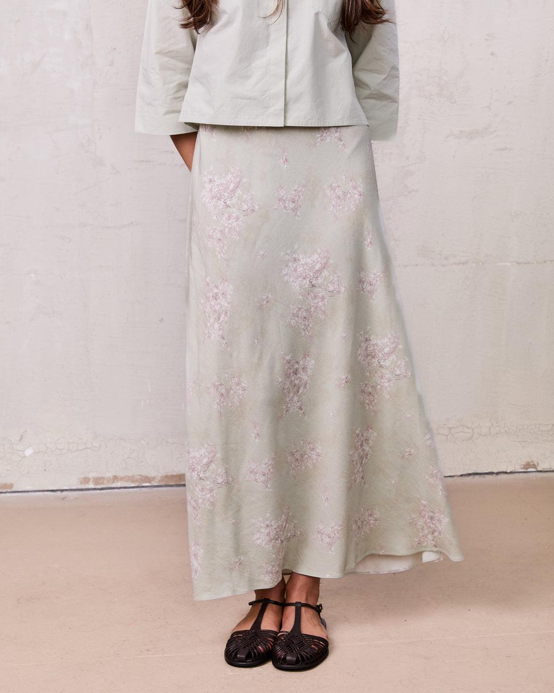 Printed Linen Blend Slip Skirt-Soft Floral