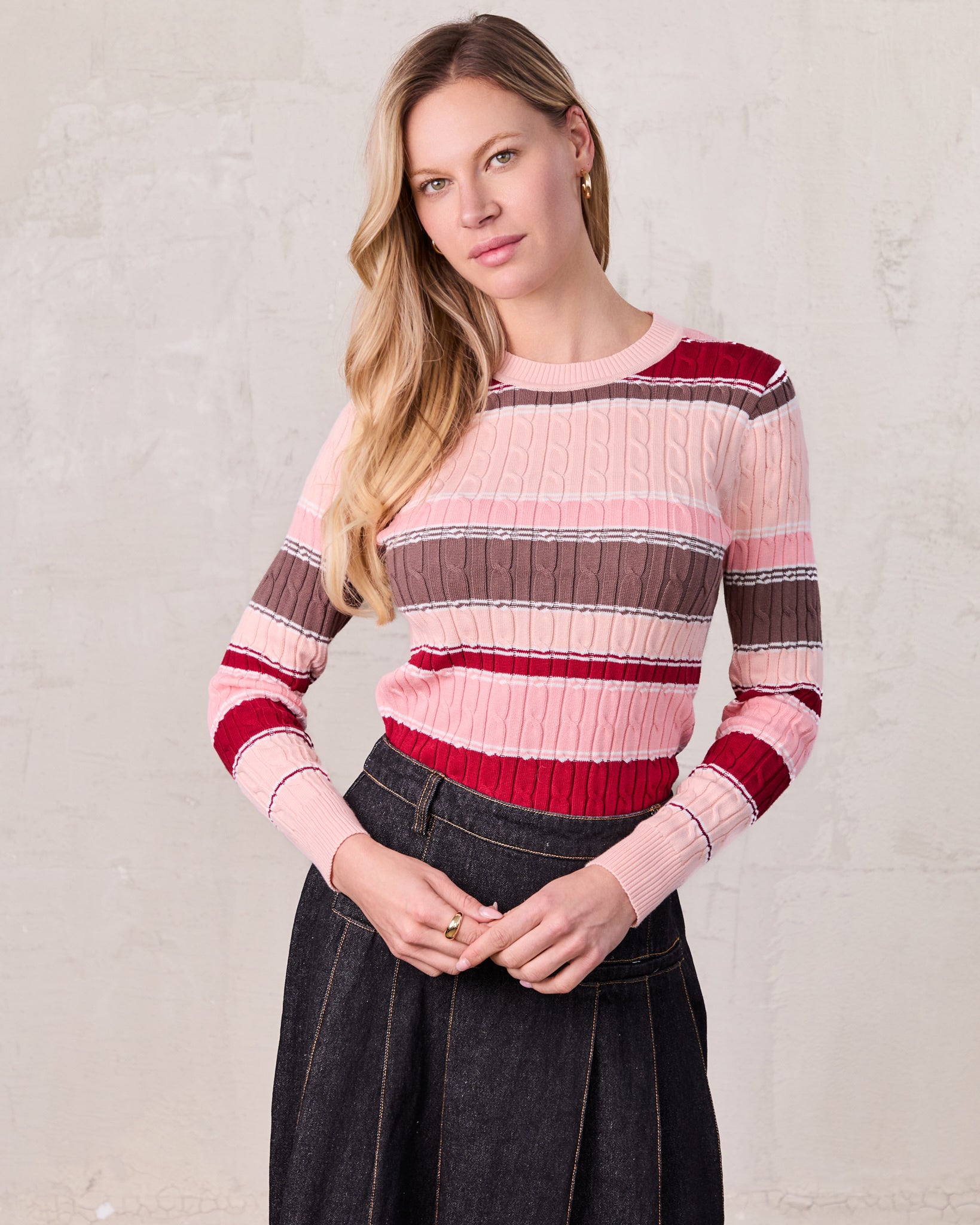 Striped Cable Sweater-Pink Stripe