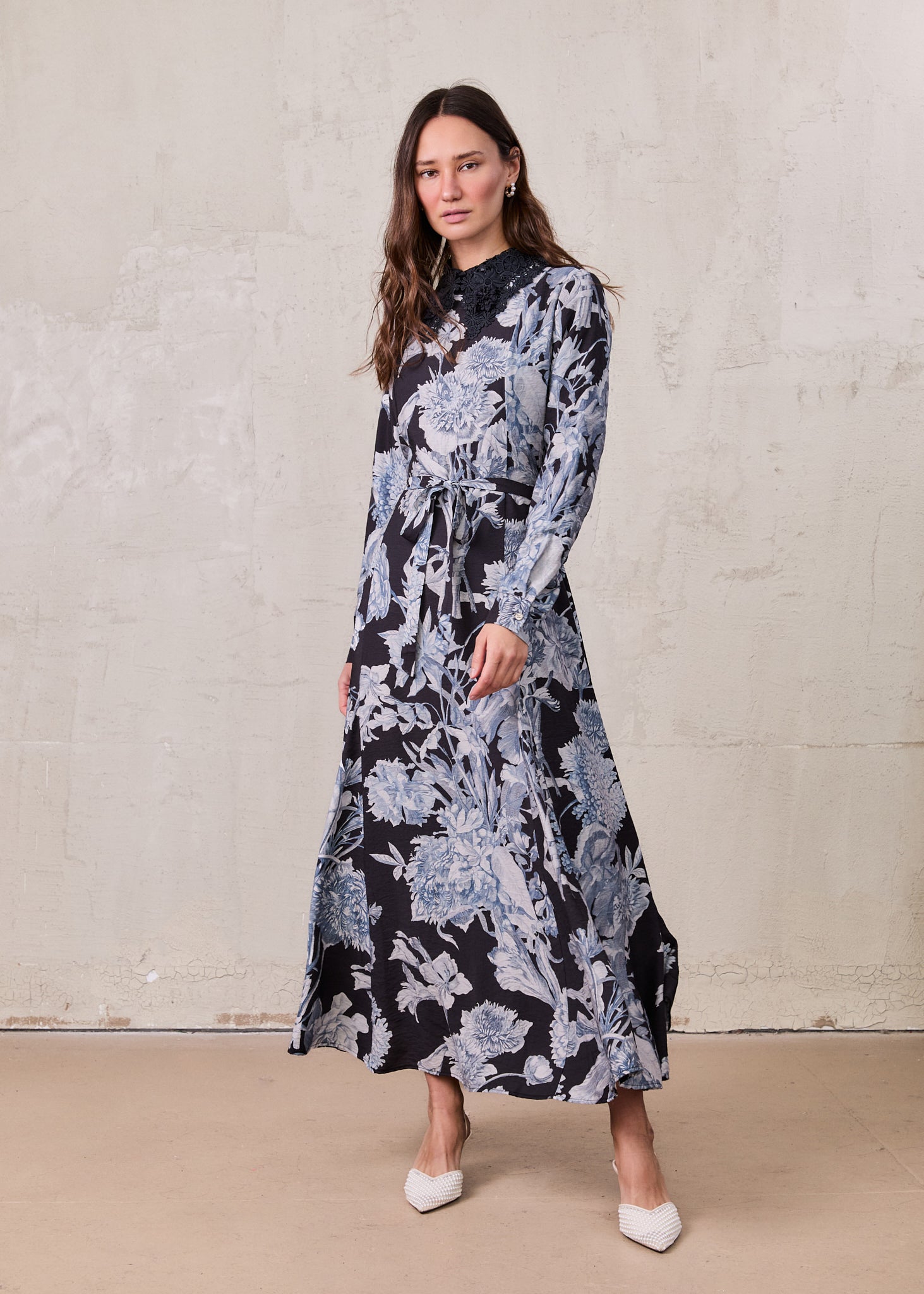 Lace Collar Princess A-Line Dress-Blue Floral