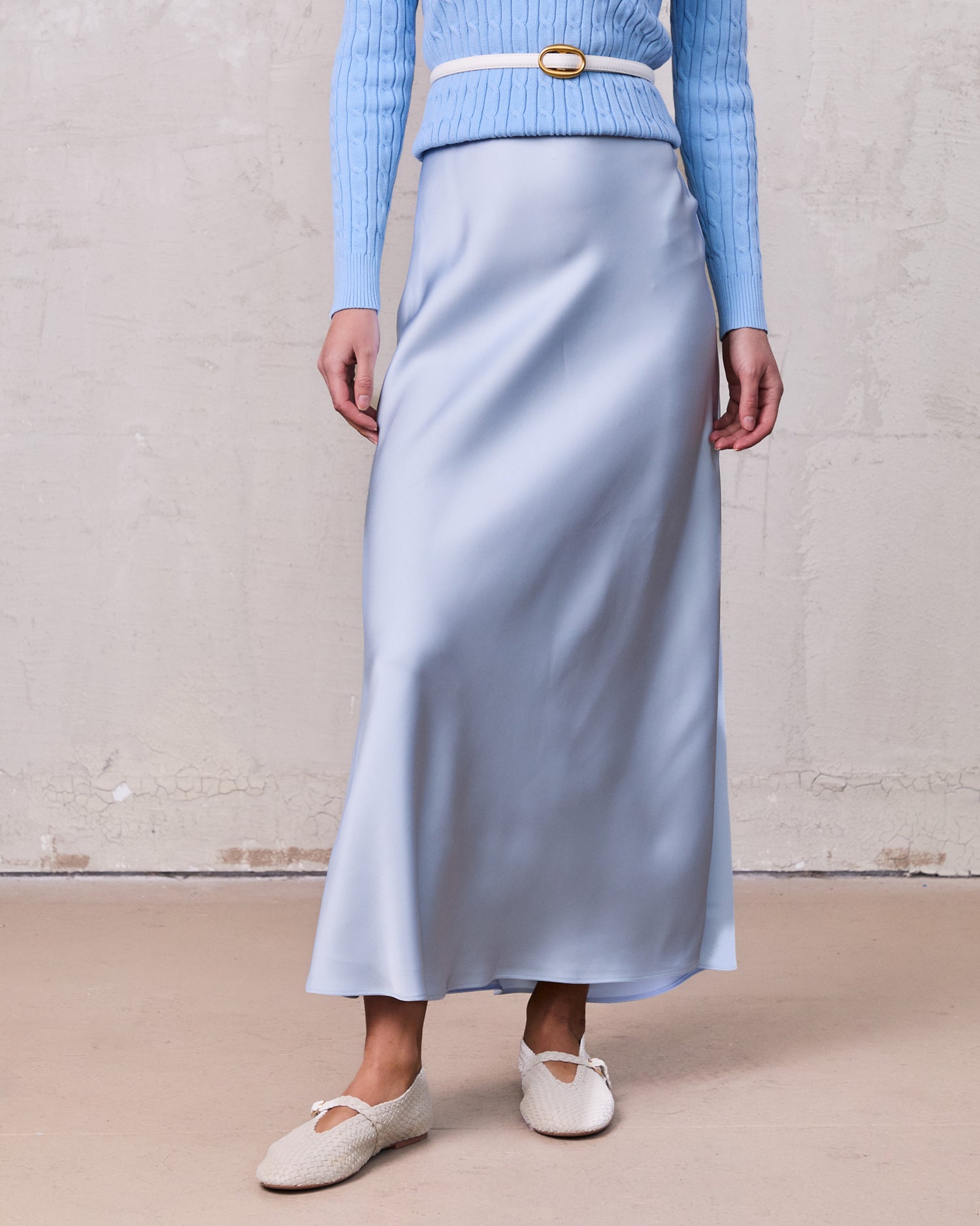Solid Faux Satin Slip Skirt-Light Blue