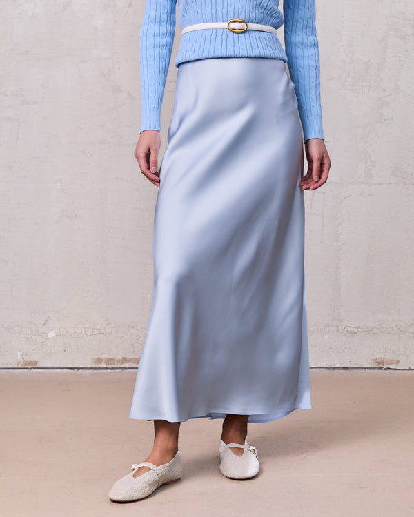 Solid Faux Satin Slip Skirt-Light Blue