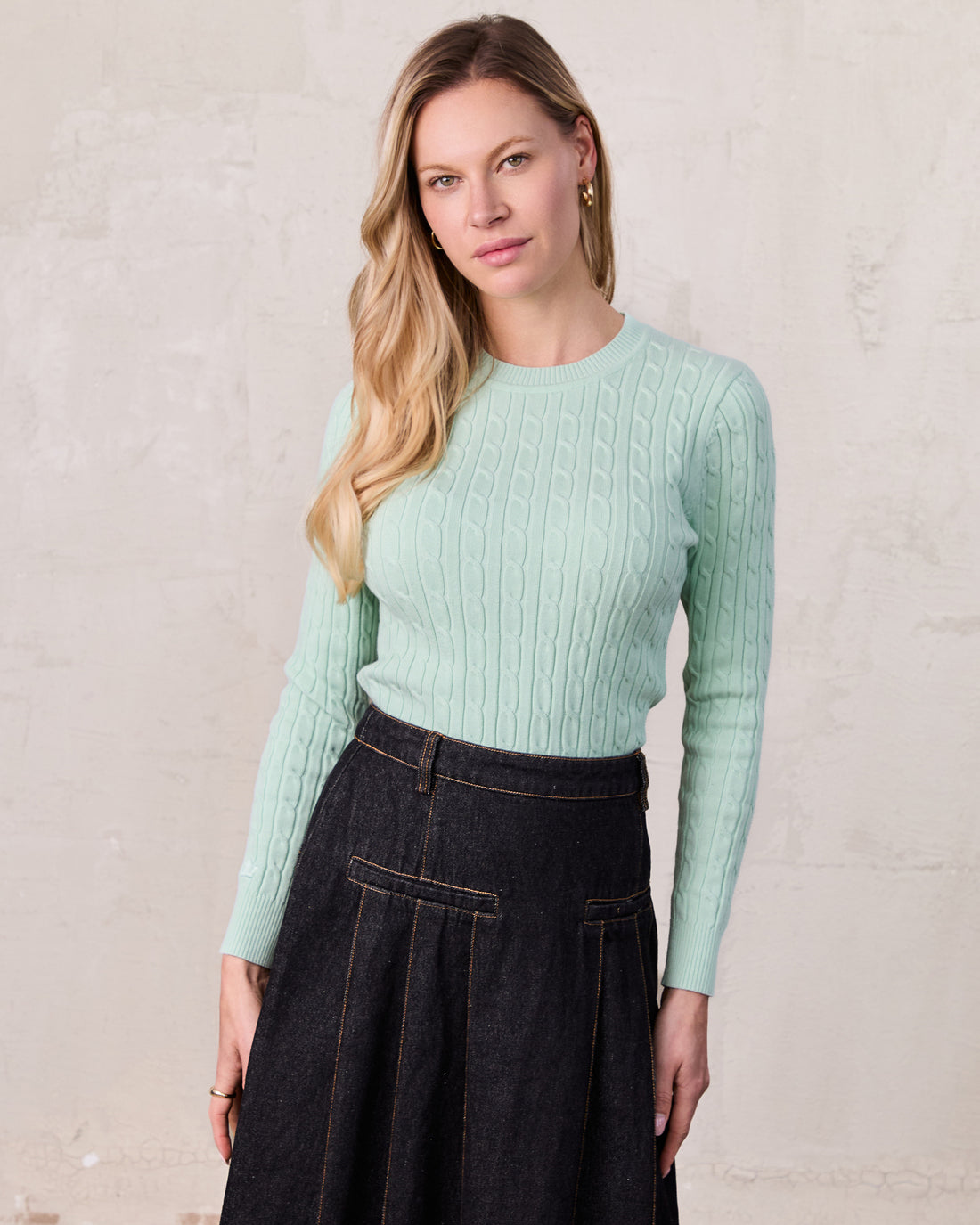 Crew Neck Cable Sweater-Aqua