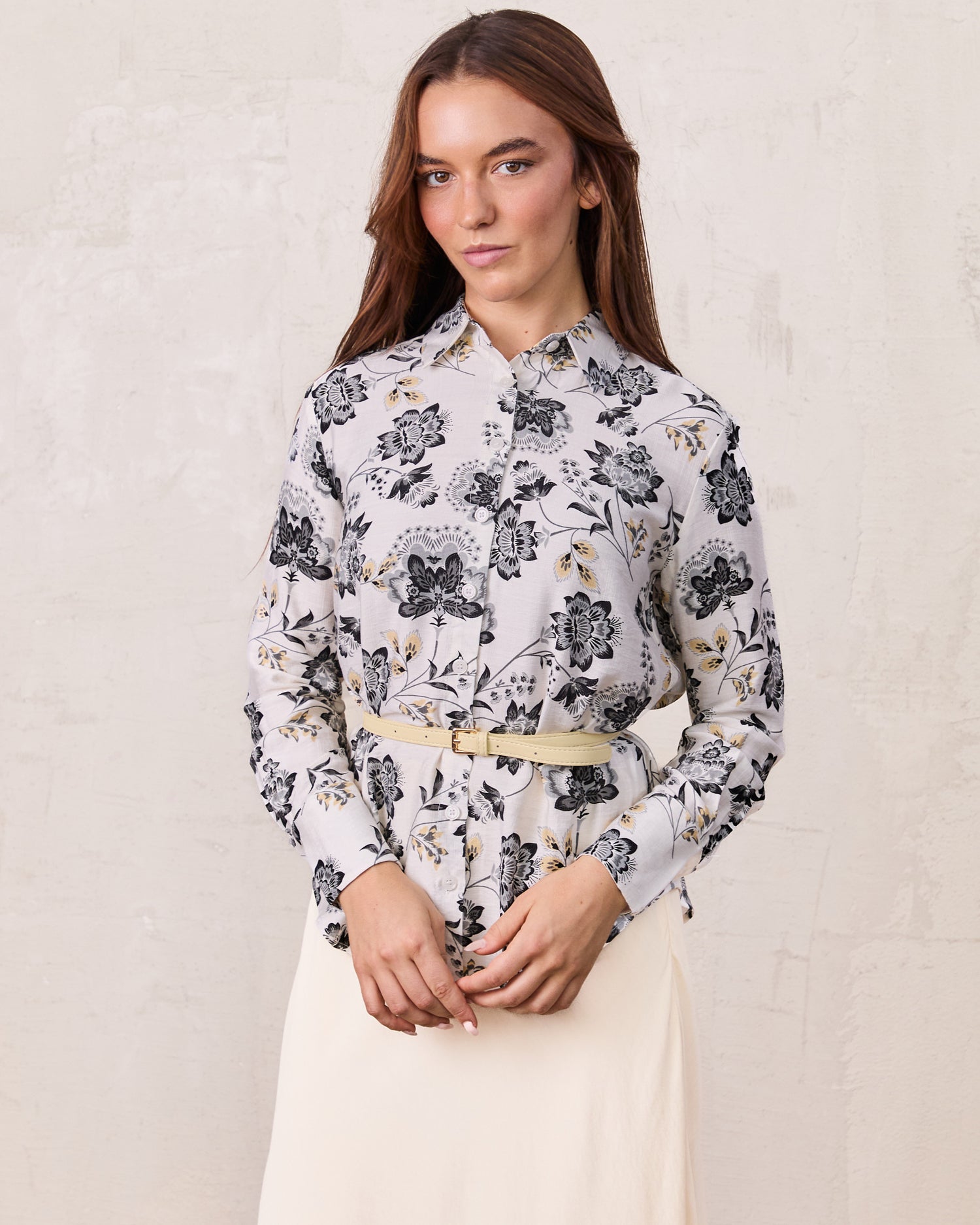Button Down Collared Blouse-Black/White Floral
