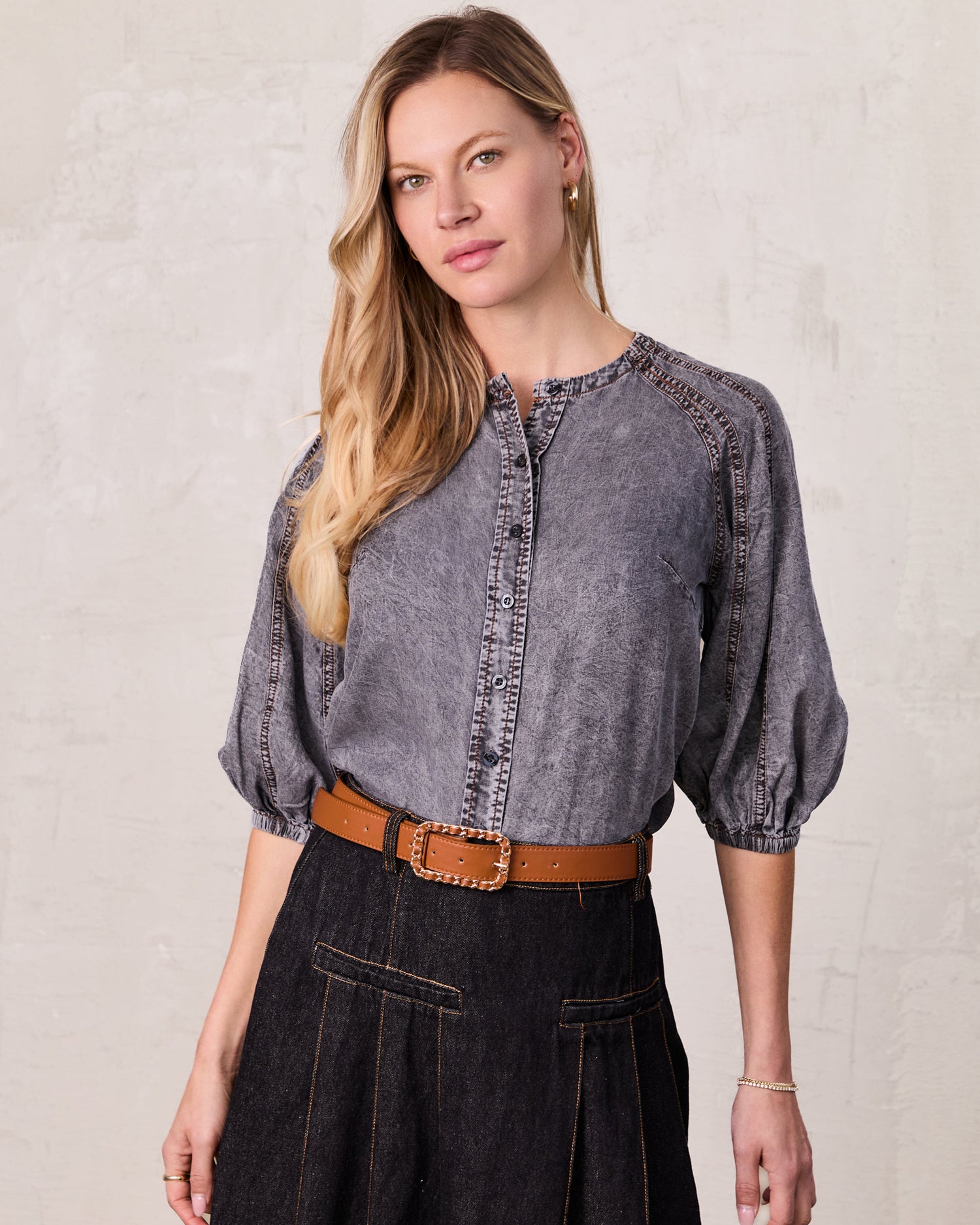 Puff Sleeve Washed Denim Blouse-Black