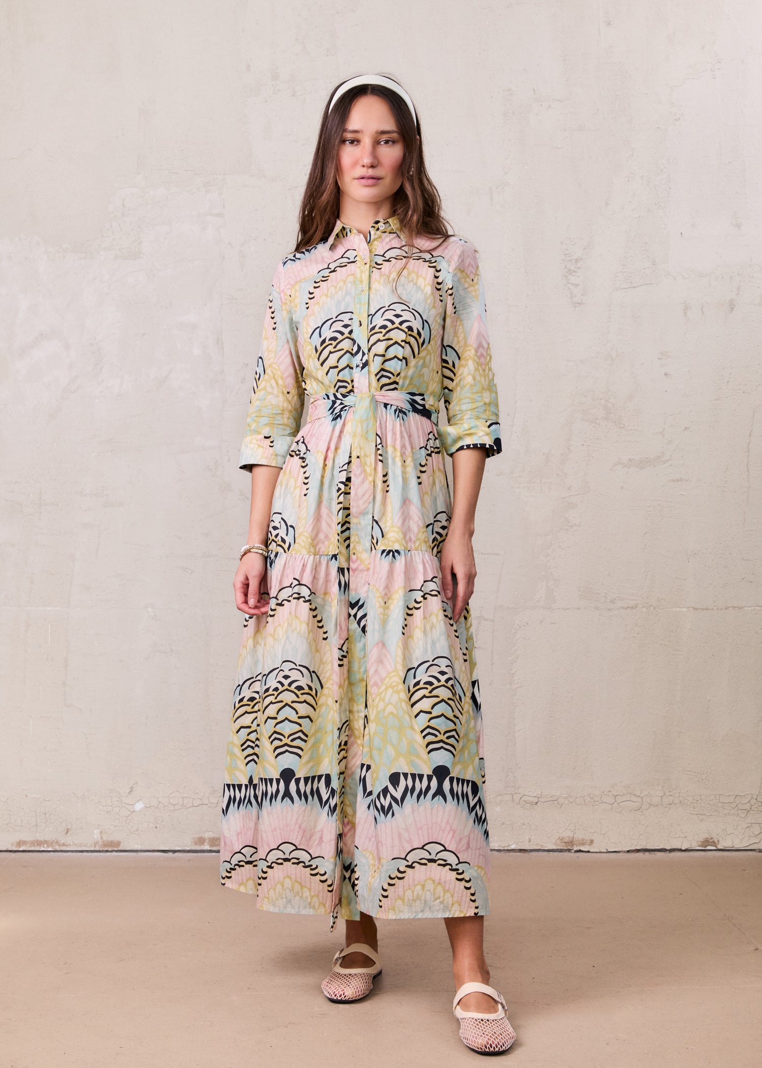 Printed Cotton Belted Shirtdress-Pastel Cloud