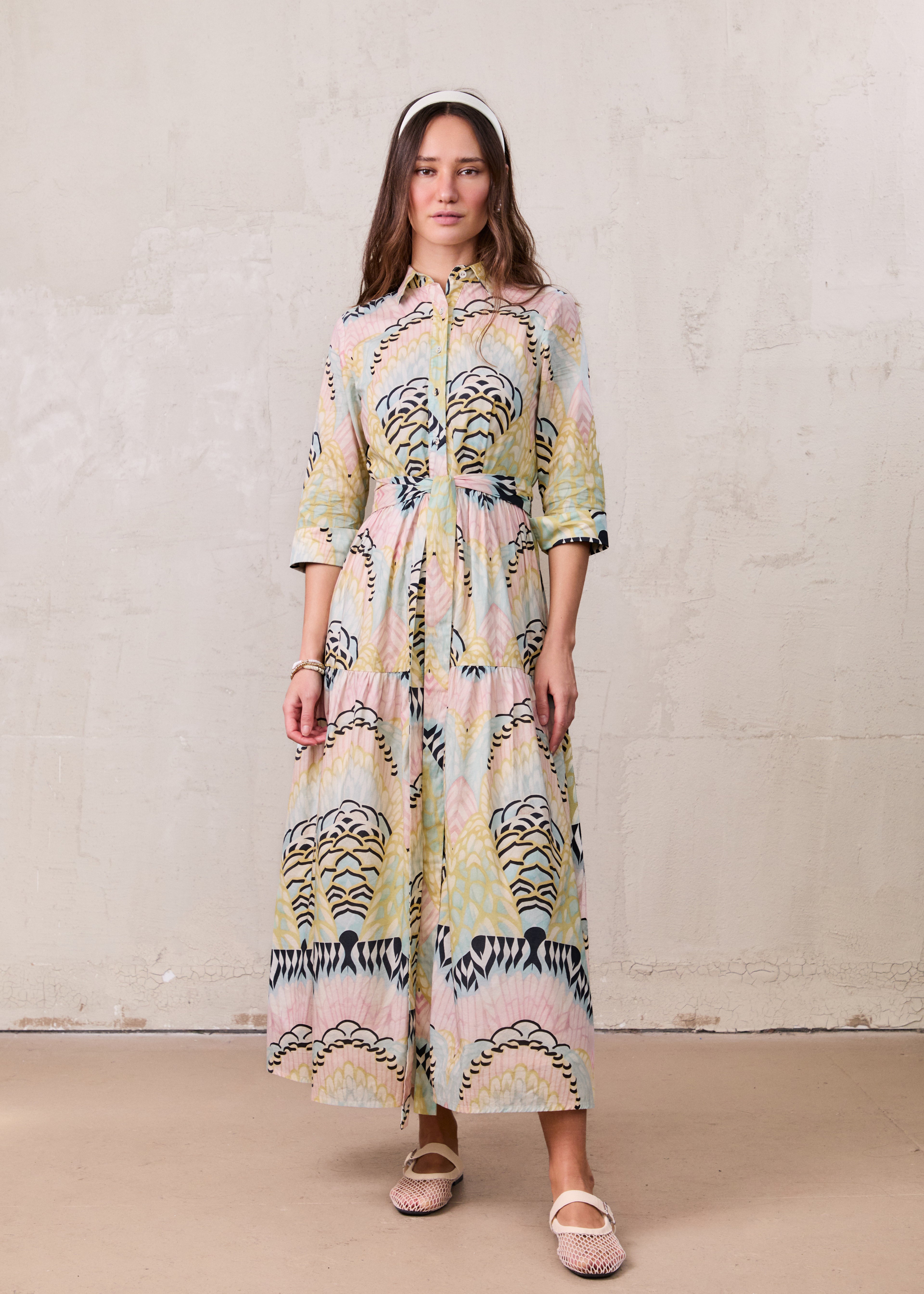 Printed Cotton Belted Shirtdress-Pastel Cloud