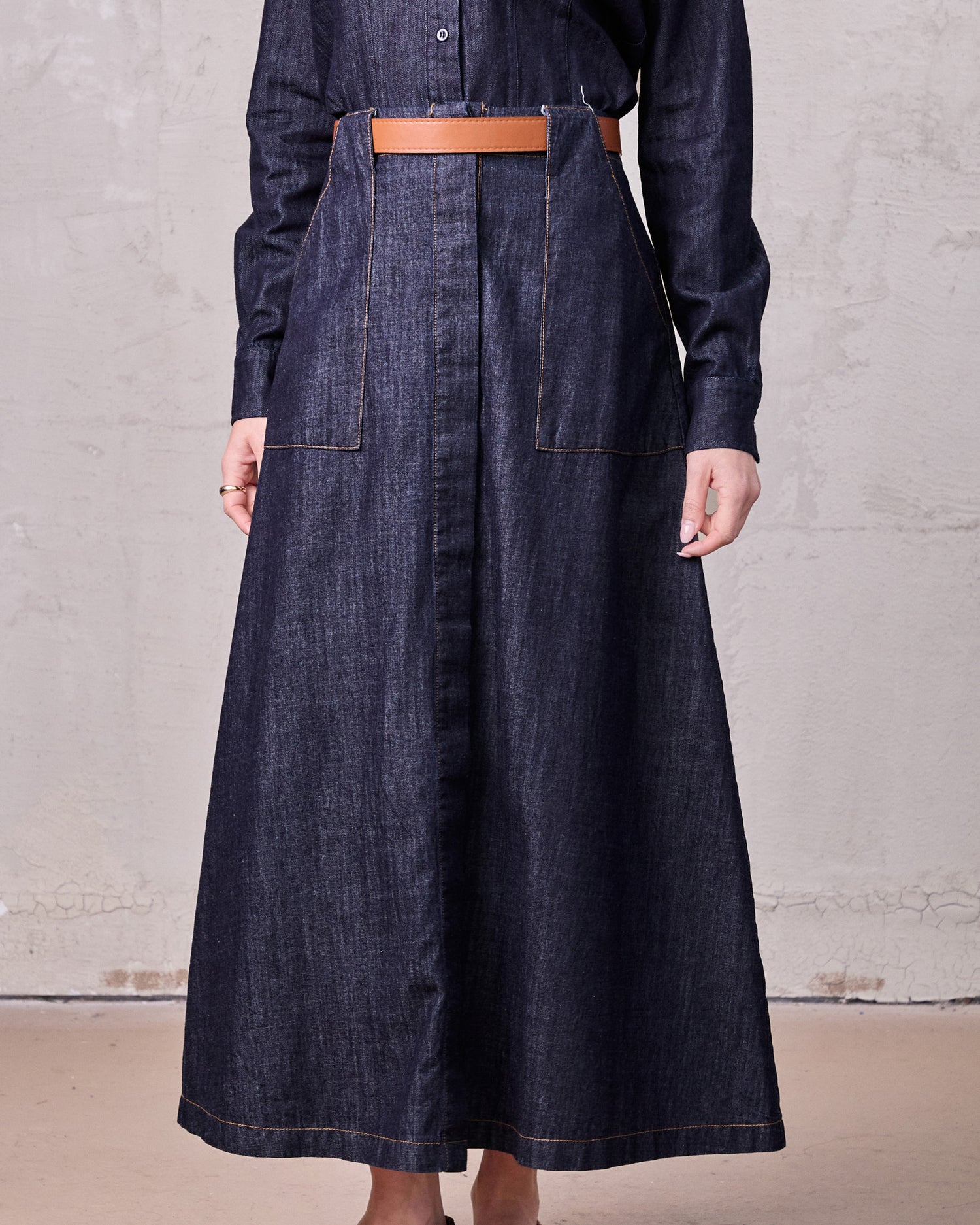 Front Panel Pocket Lightweight Denim Skirt-Dark Blue