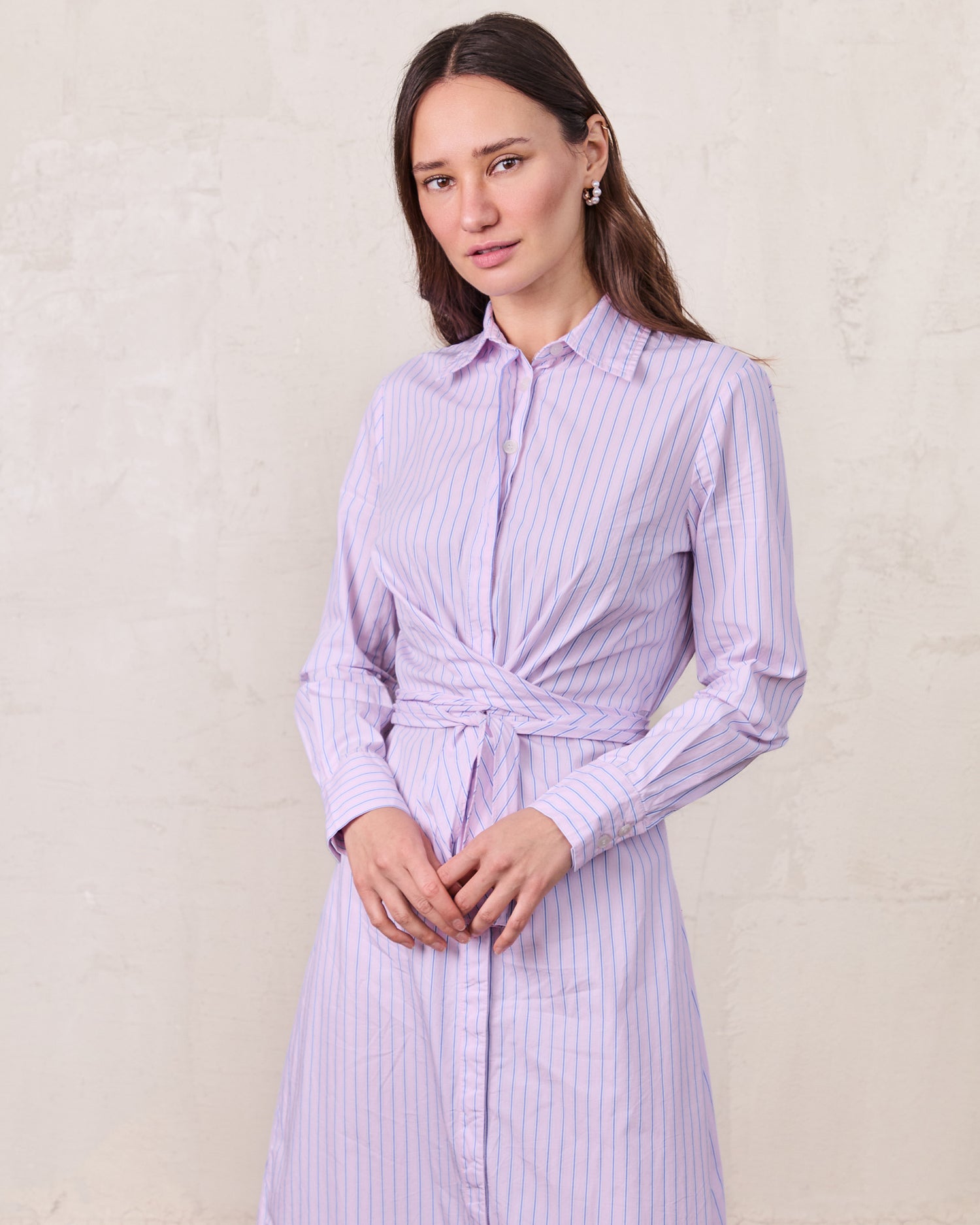 Pinstripe Tie Front Shirtdress-Pink Stripe