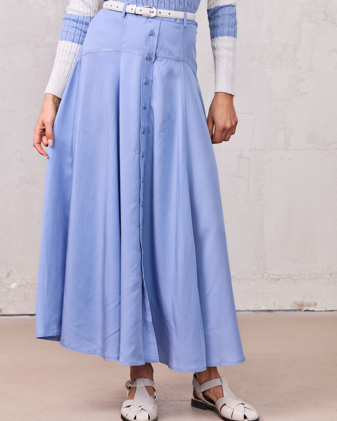 Tencel Yoke Button Down Skirt-Periwinkle Blue