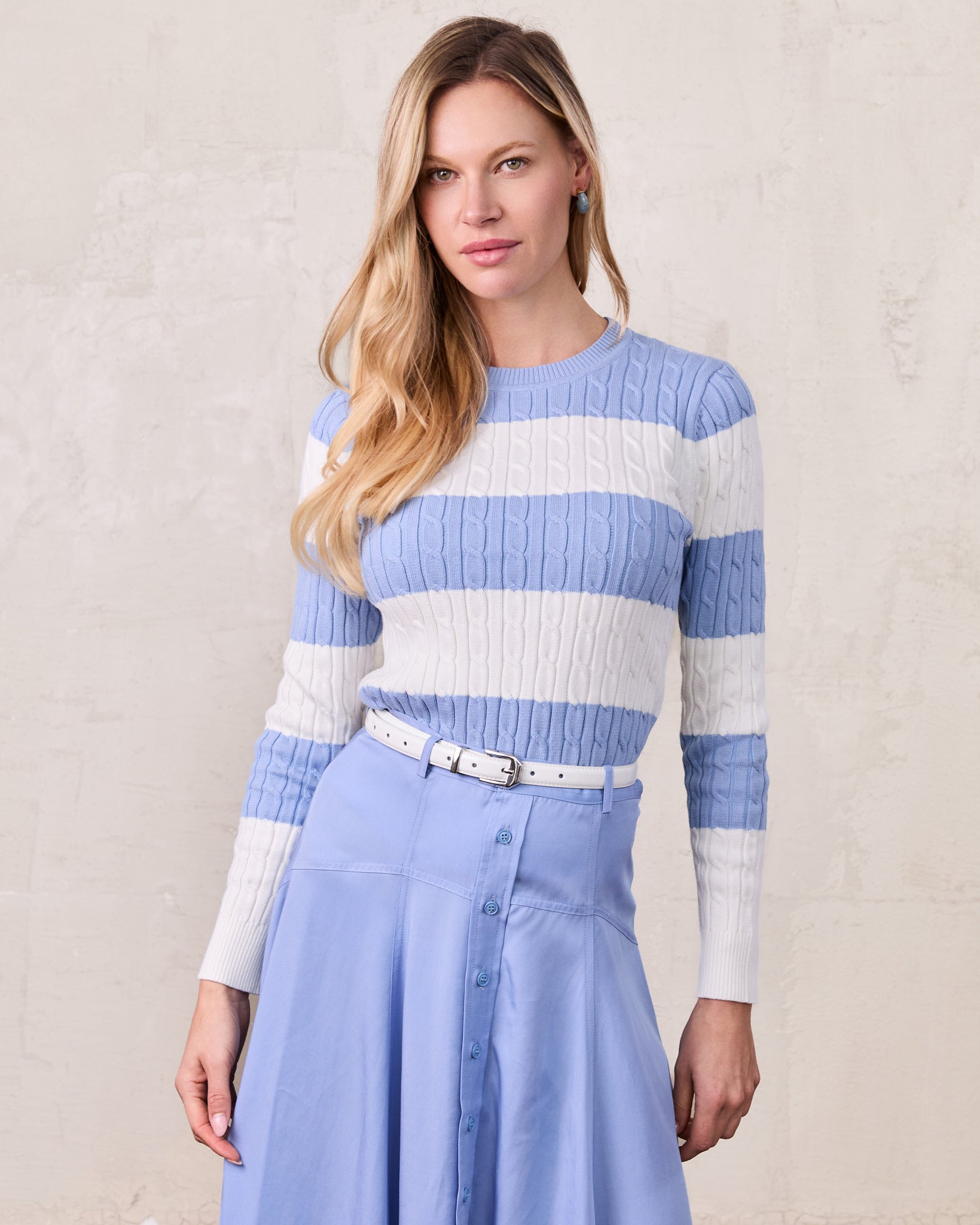 Striped Cable Sweater-Dusty Blue/White
