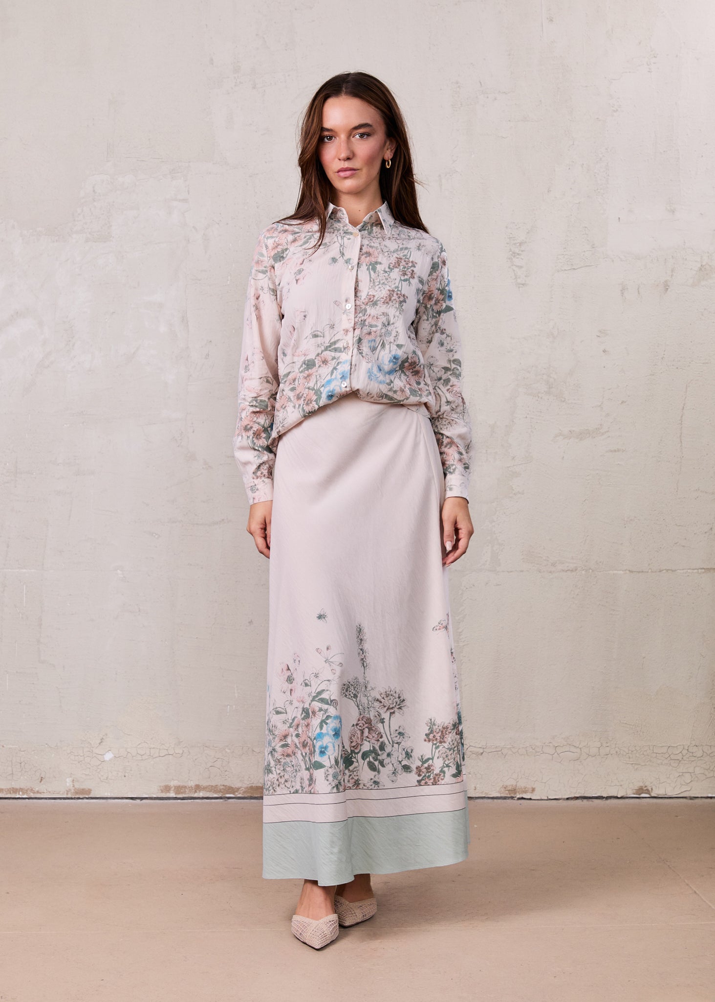 Printed Crinkle Button Down Blouse-Flower Design