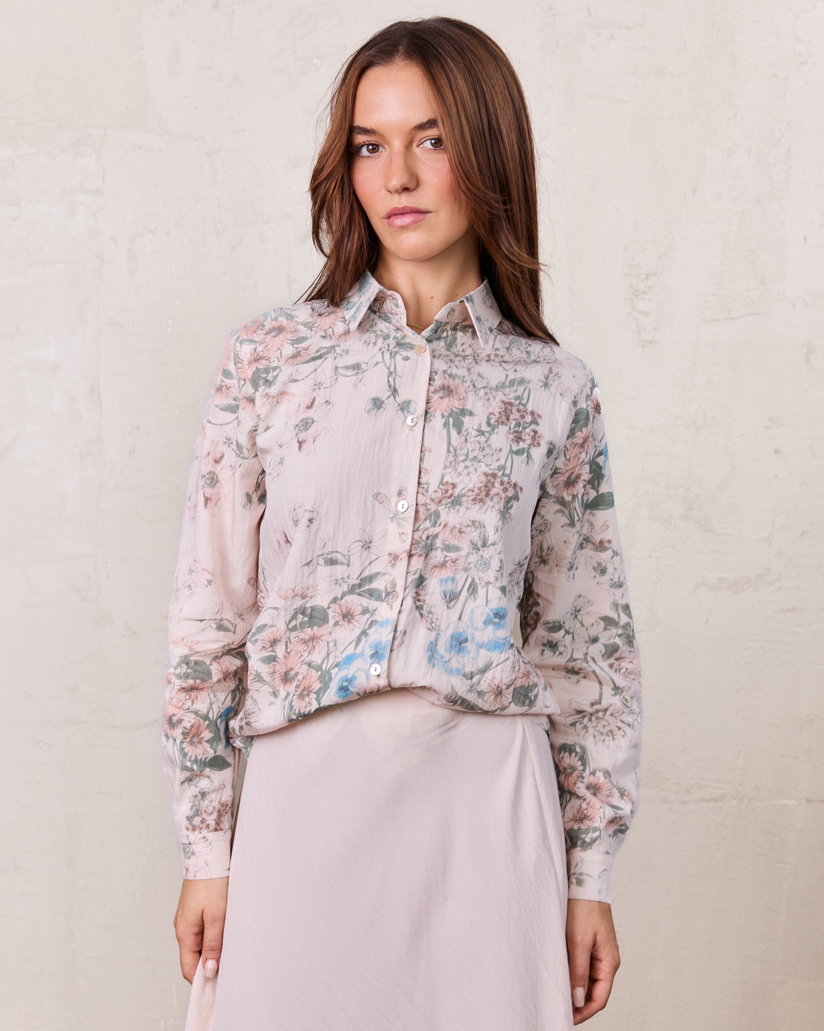 Printed Crinkle Button Down Blouse-Flower Design
