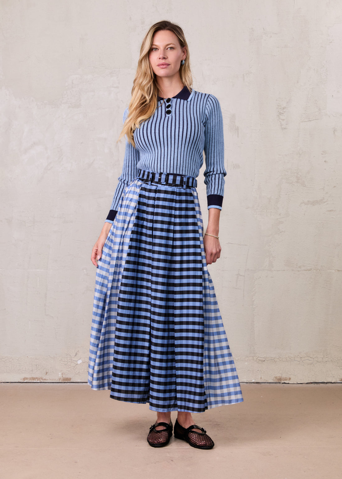 Gingham Two Color Box Pleat Skirt-Blue