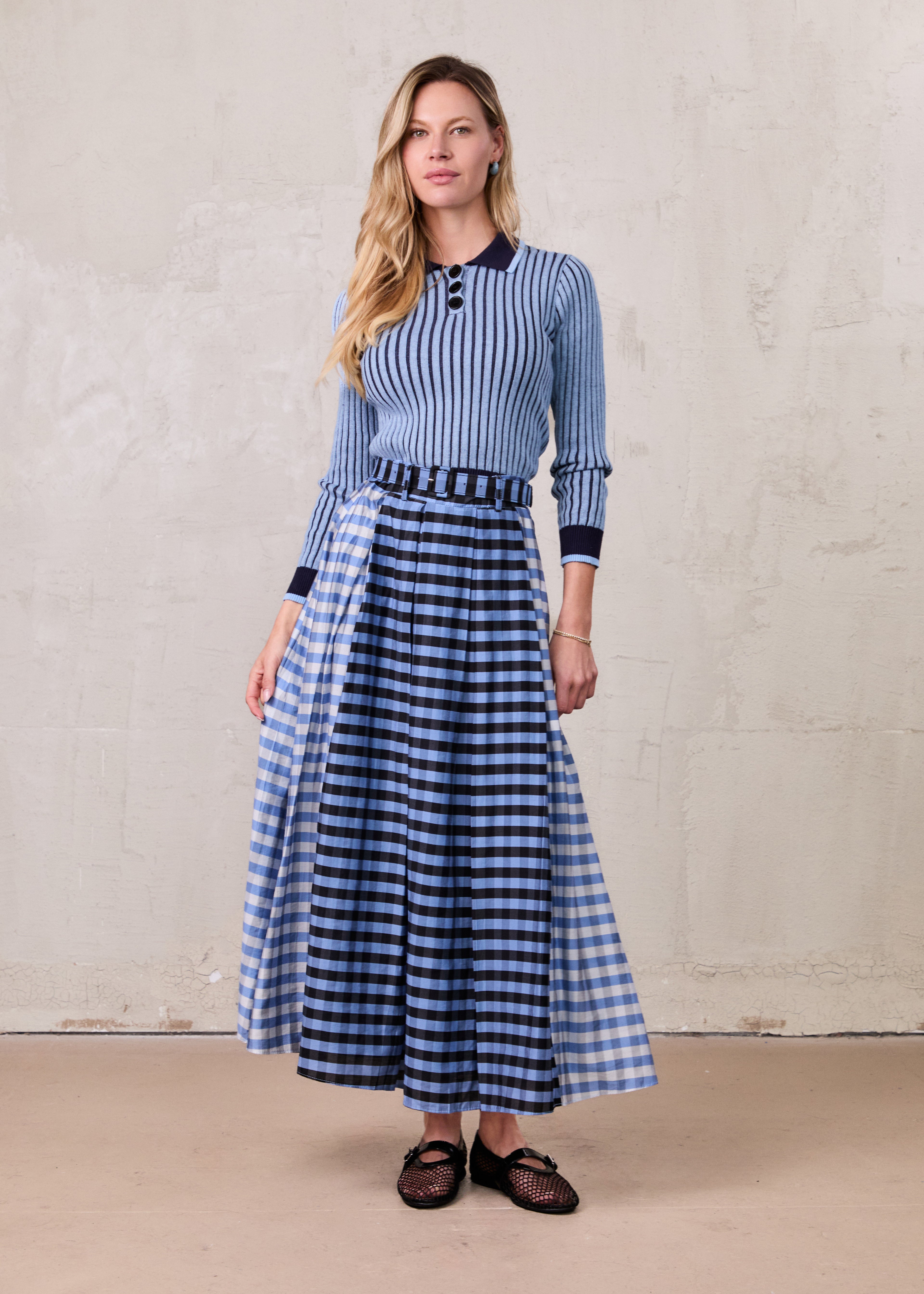 Gingham Two Color Box Pleat Skirt-Blue