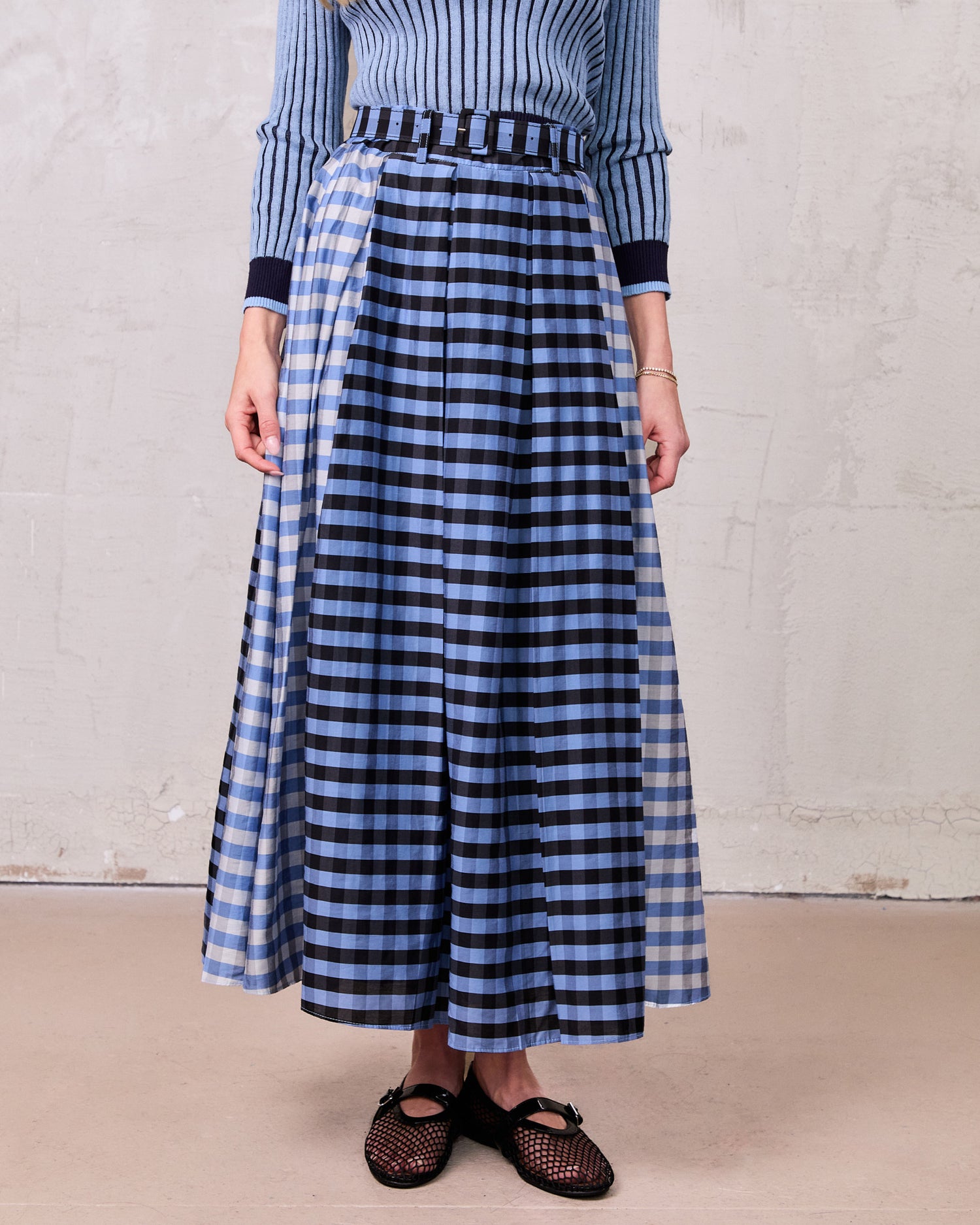 Gingham Two Color Box Pleat Skirt-Blue