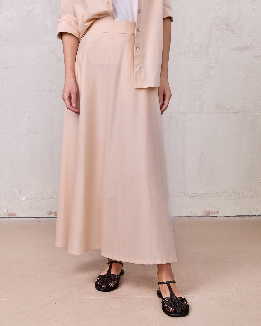 Elastic Back Maxi Cotton Blend Skirt-Bone