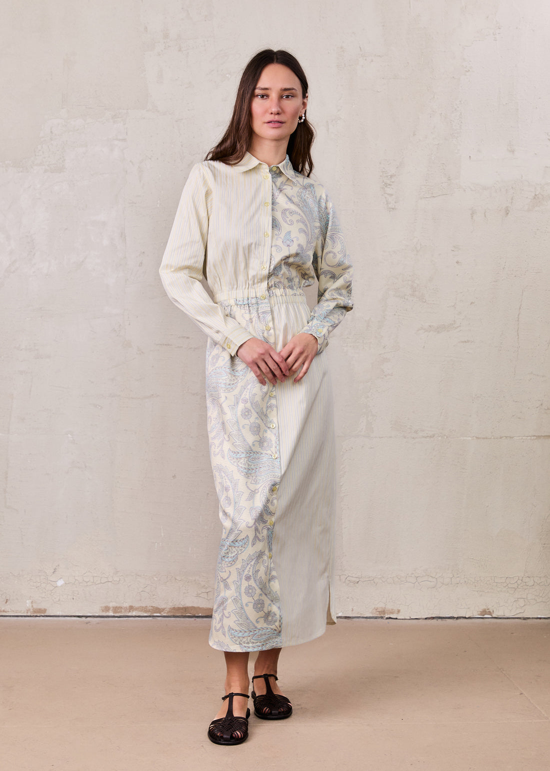 Elastic Waist Shirtdress-Mixed Floral and Stripe