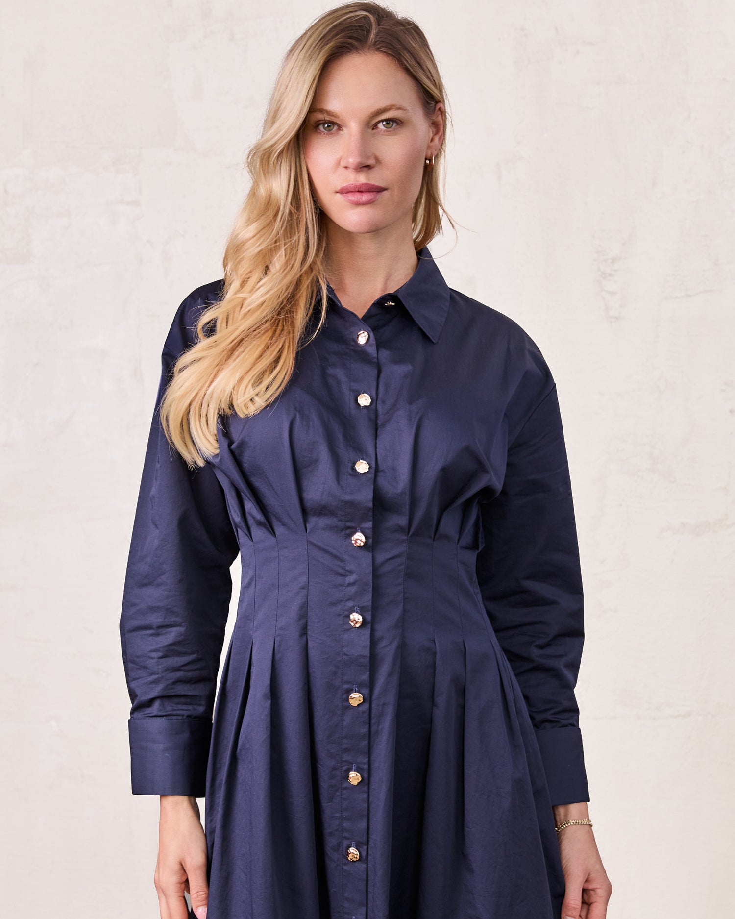 Pleat Waist Button Down Dress-Navy