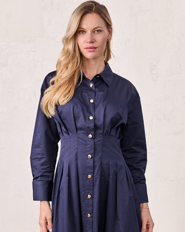 Pleat Waist Button Down Dress-Navy