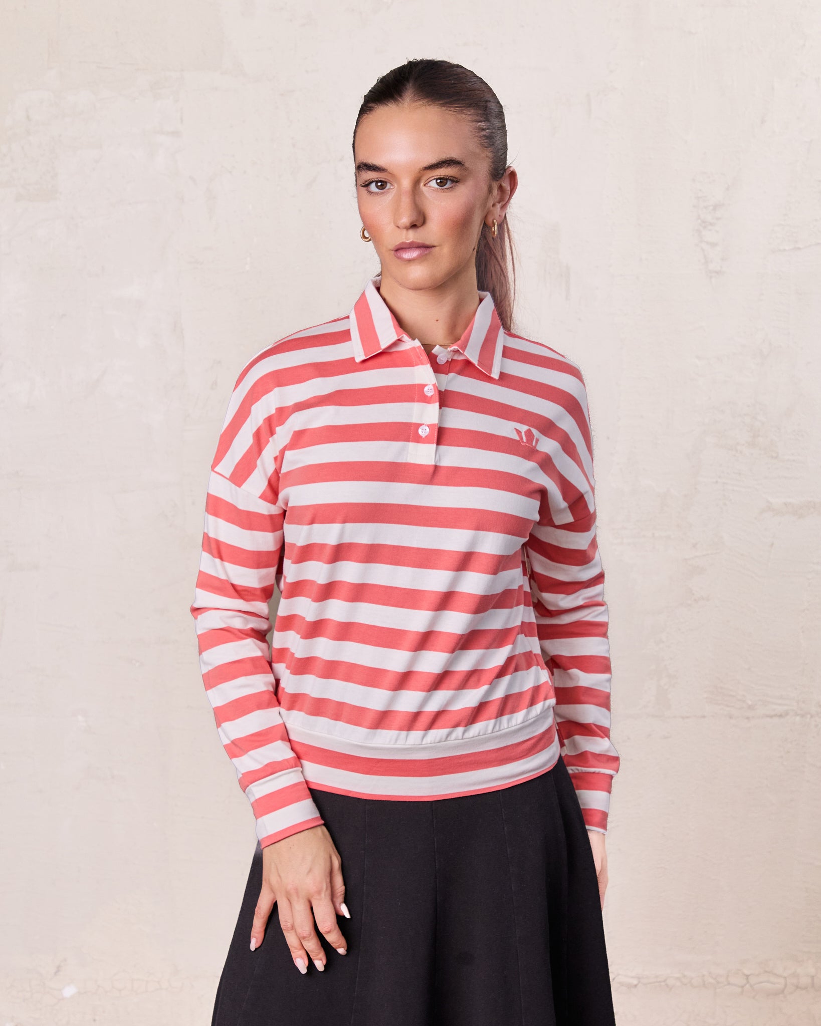 Striped Collar Bomber Tee-Coral/White