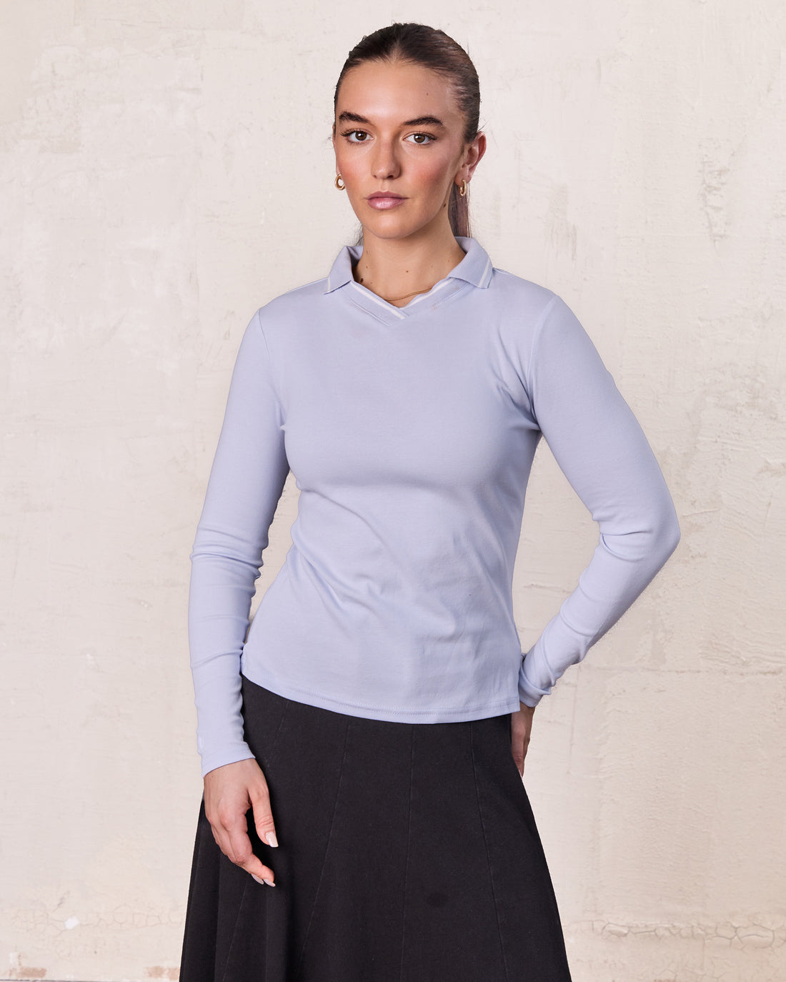 Collared High V T-Shirt-Light Blue