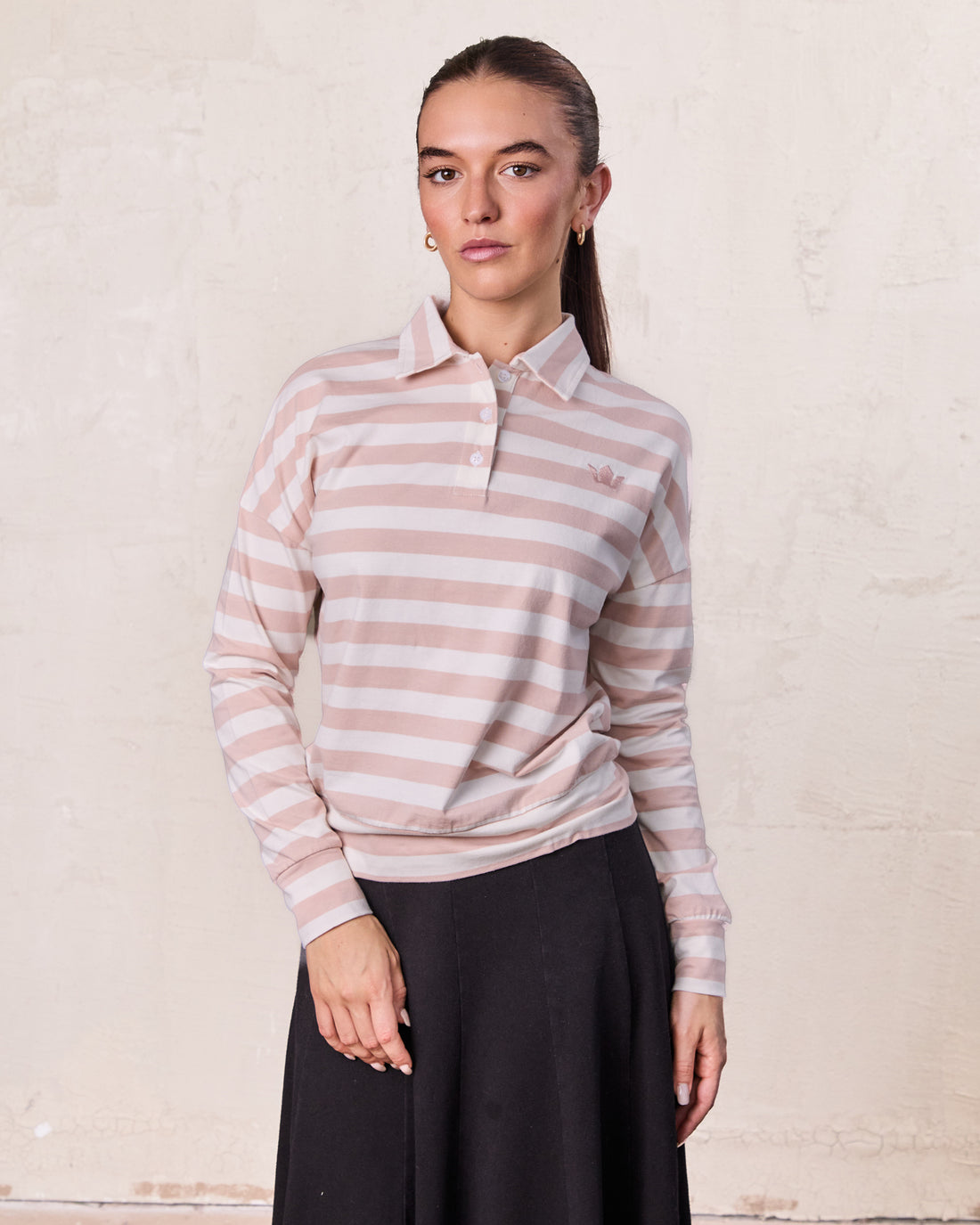 Striped Collar Bomber Tee-Tan/White