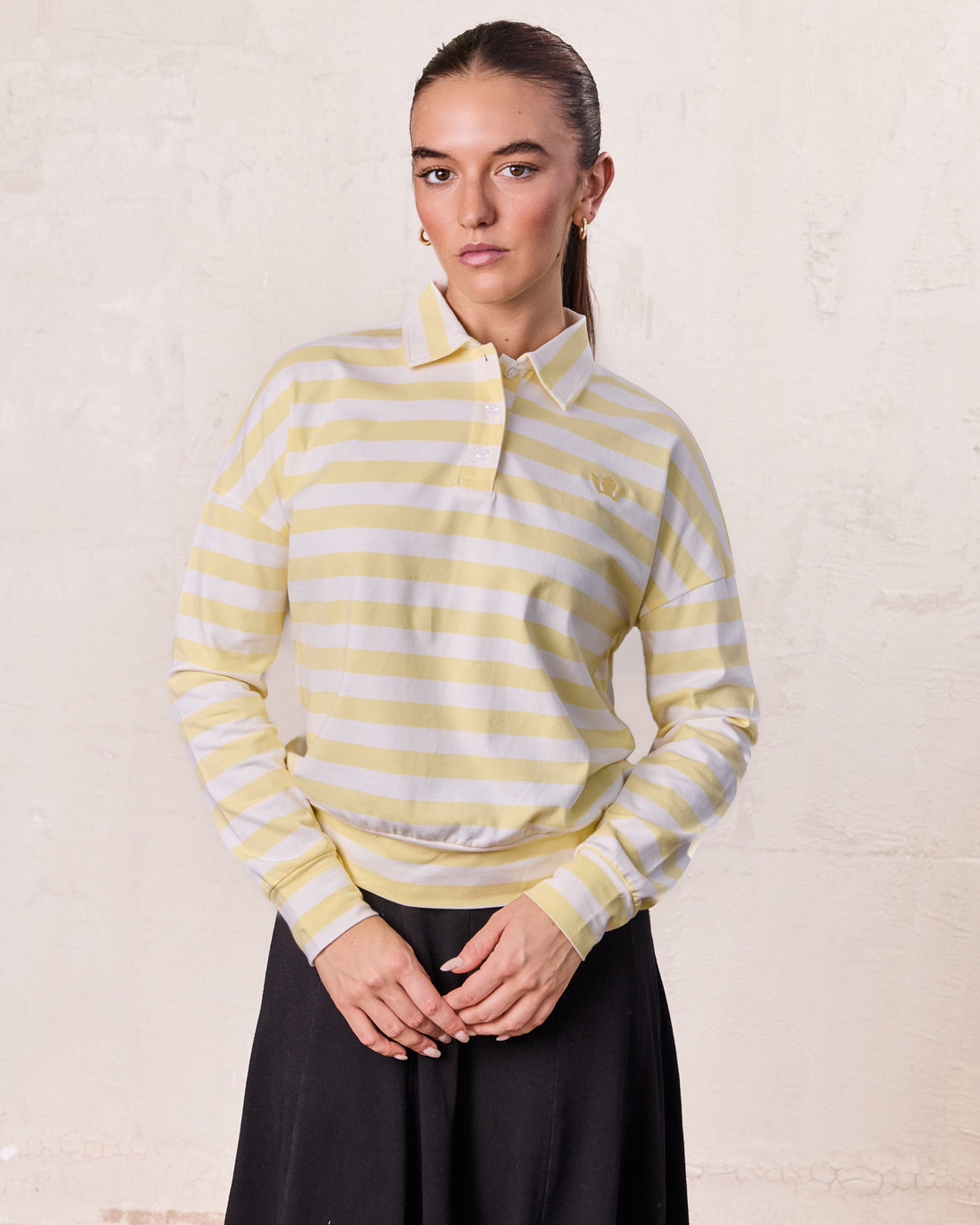 Striped Collar Bomber Tee-Yellow/White