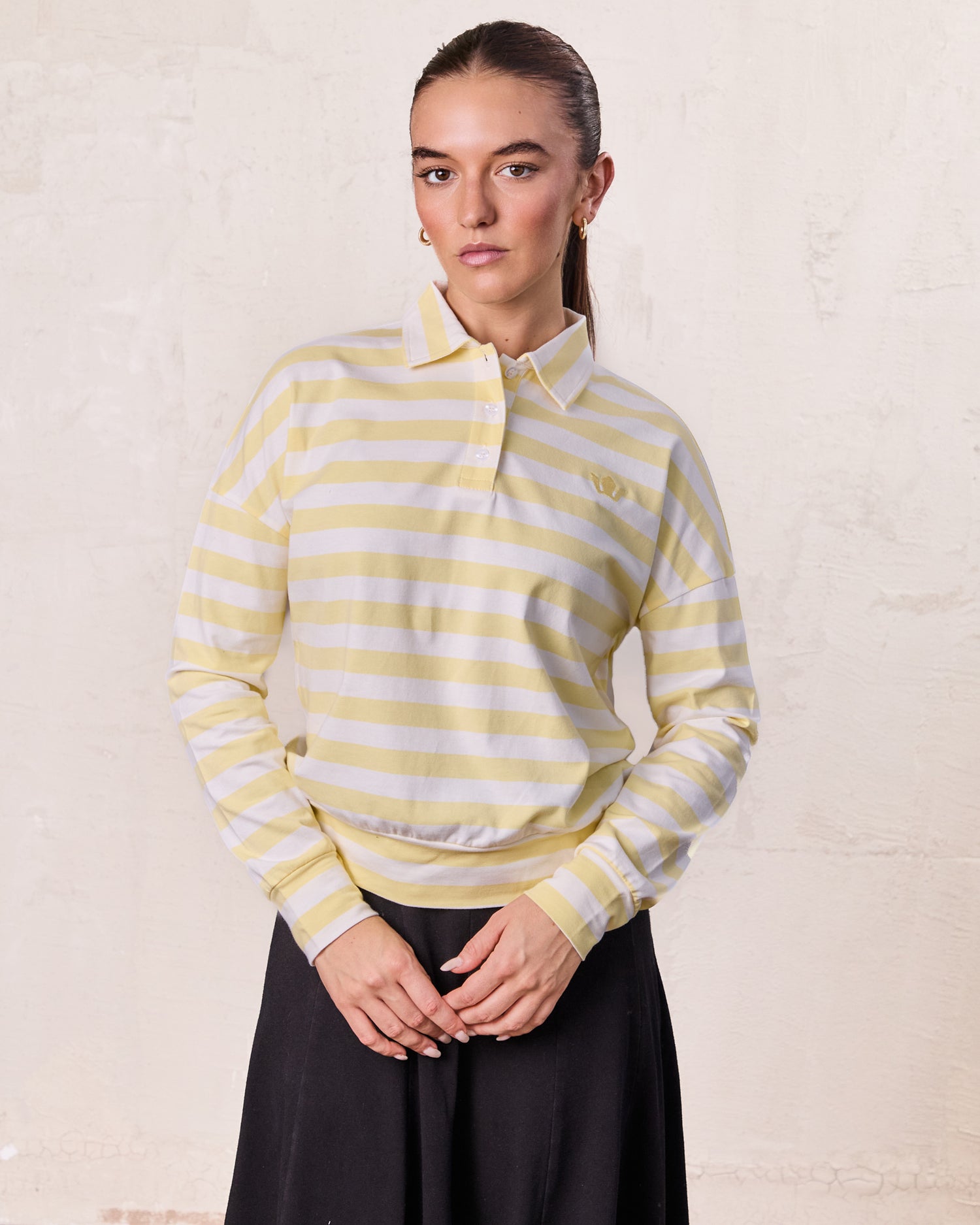 Striped Collar Bomber Tee-Yellow/White