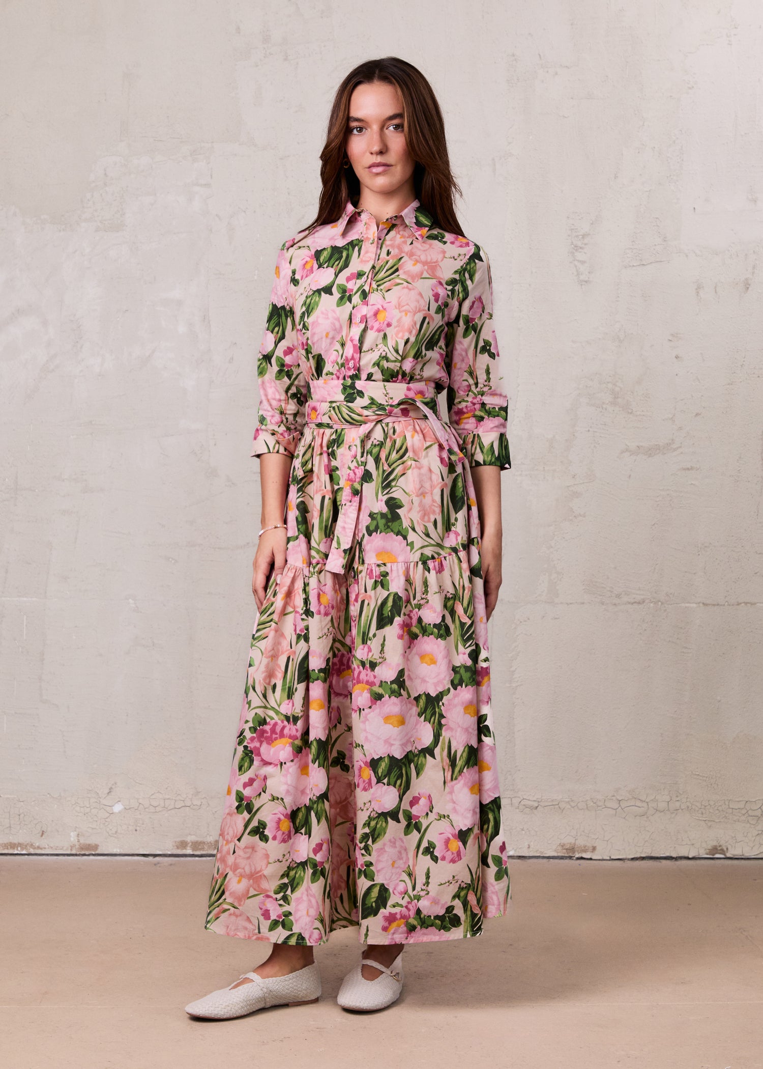 Printed Cotton Belted Shirtdress-Garden Floral