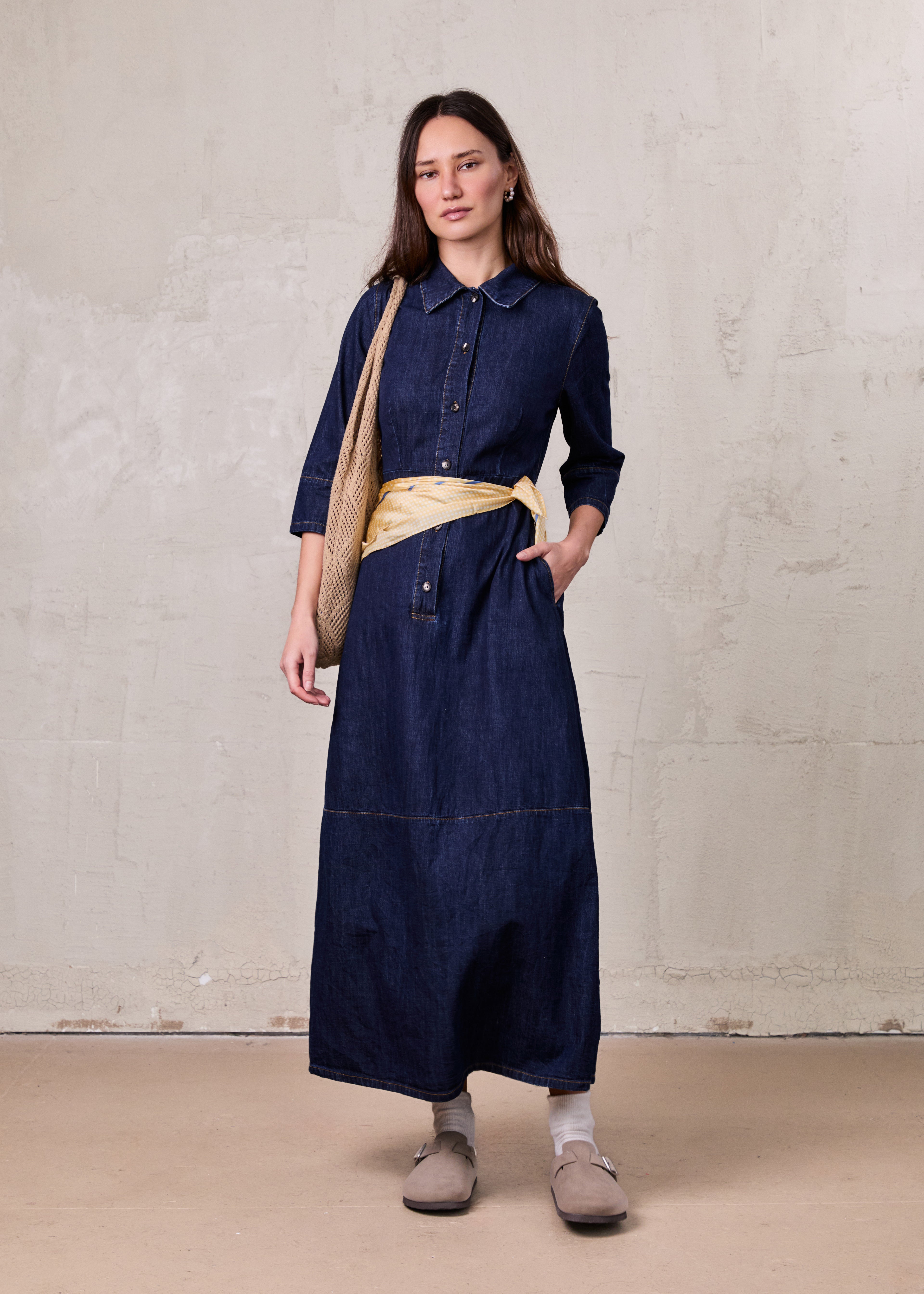 Waisted Lightweight Denim Dress-Dark Blue