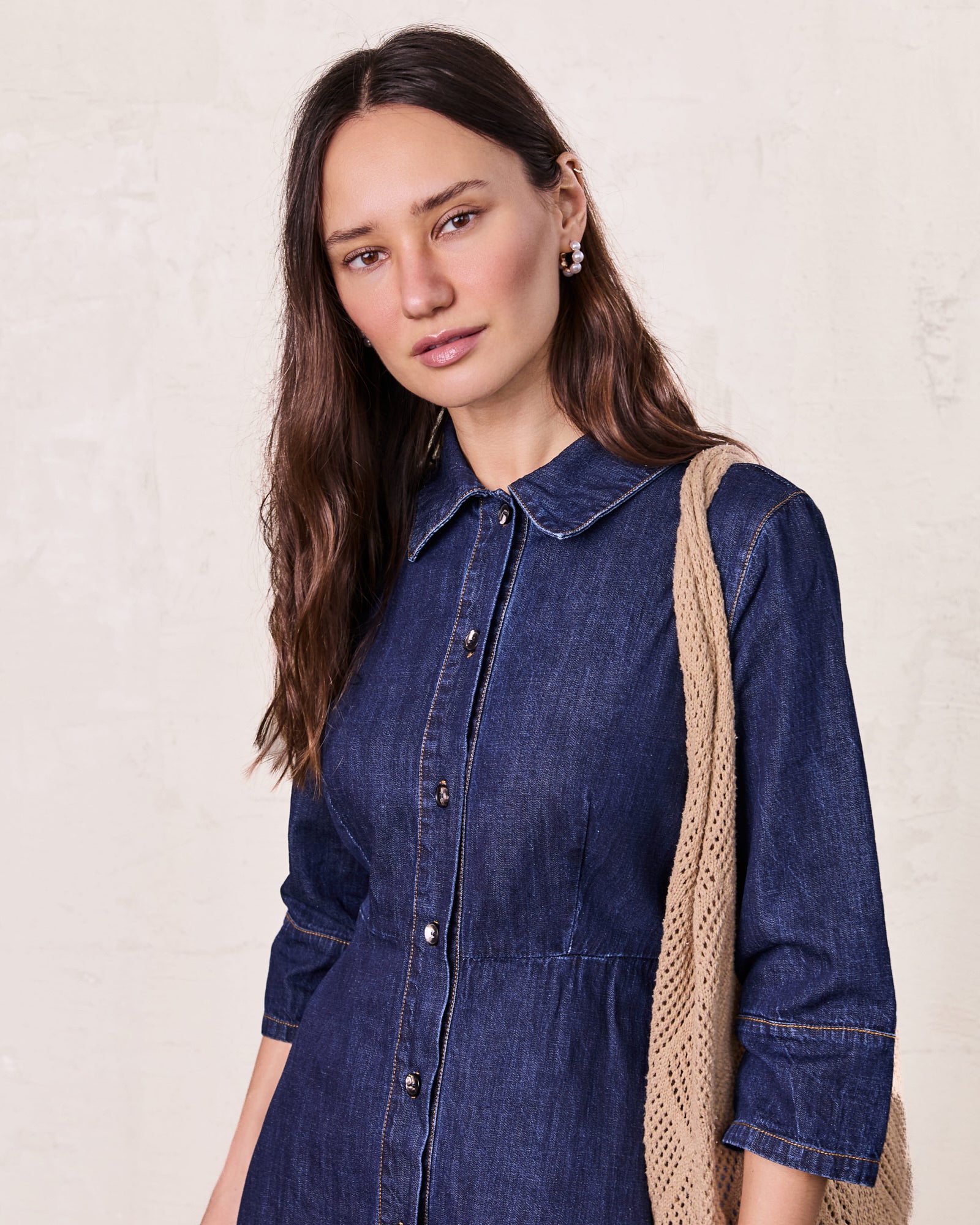 Waisted Lightweight Denim Dress-Dark Blue