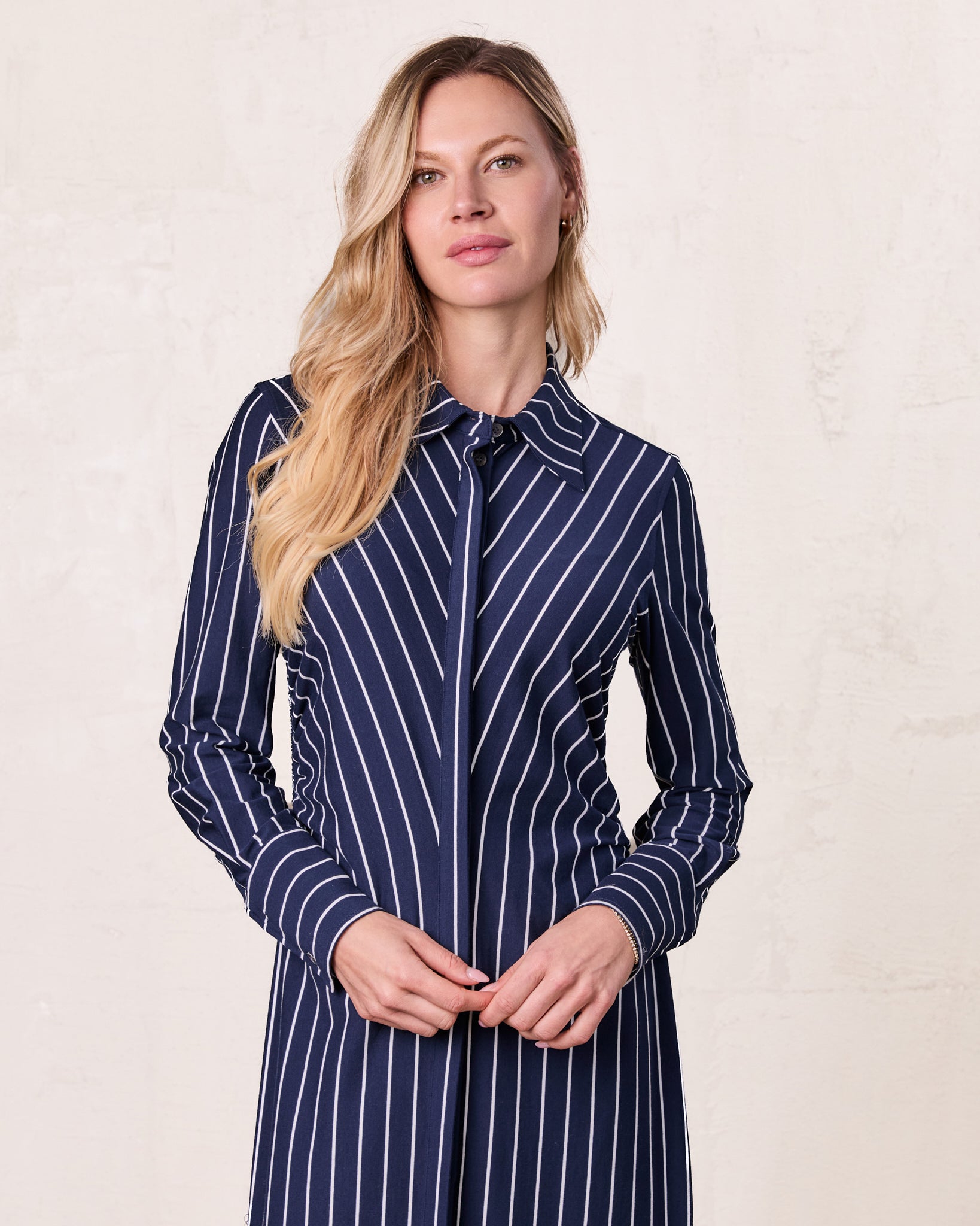 Side Shirred T-shirt Dress-Navy/White