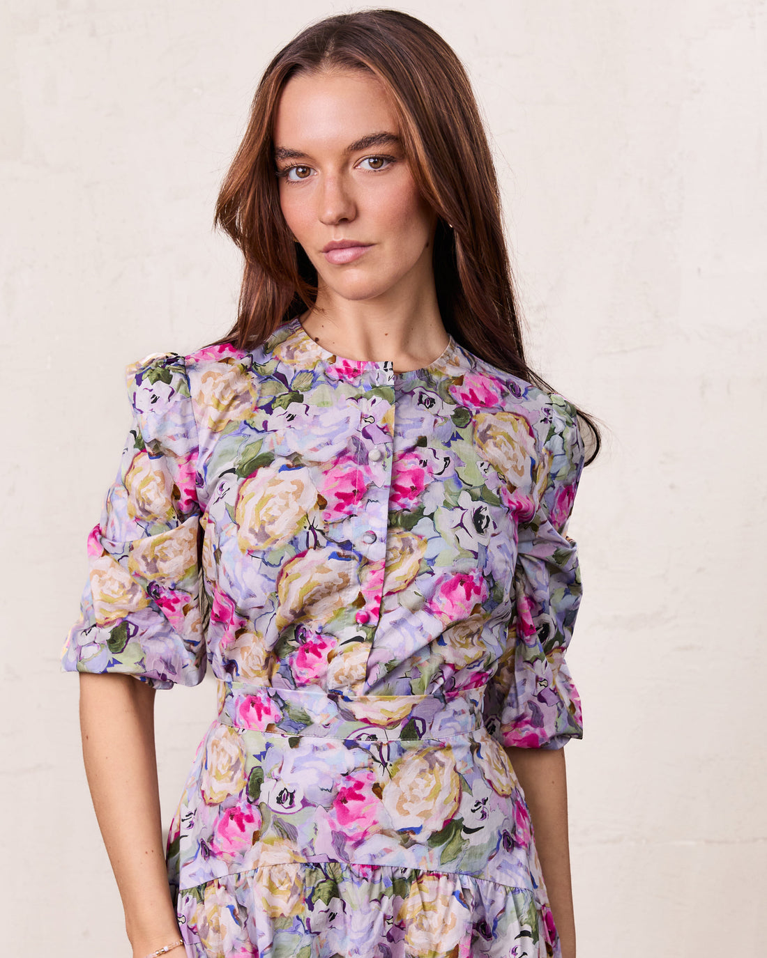 Crew Neck Button Down Blouse-Pink/Purple