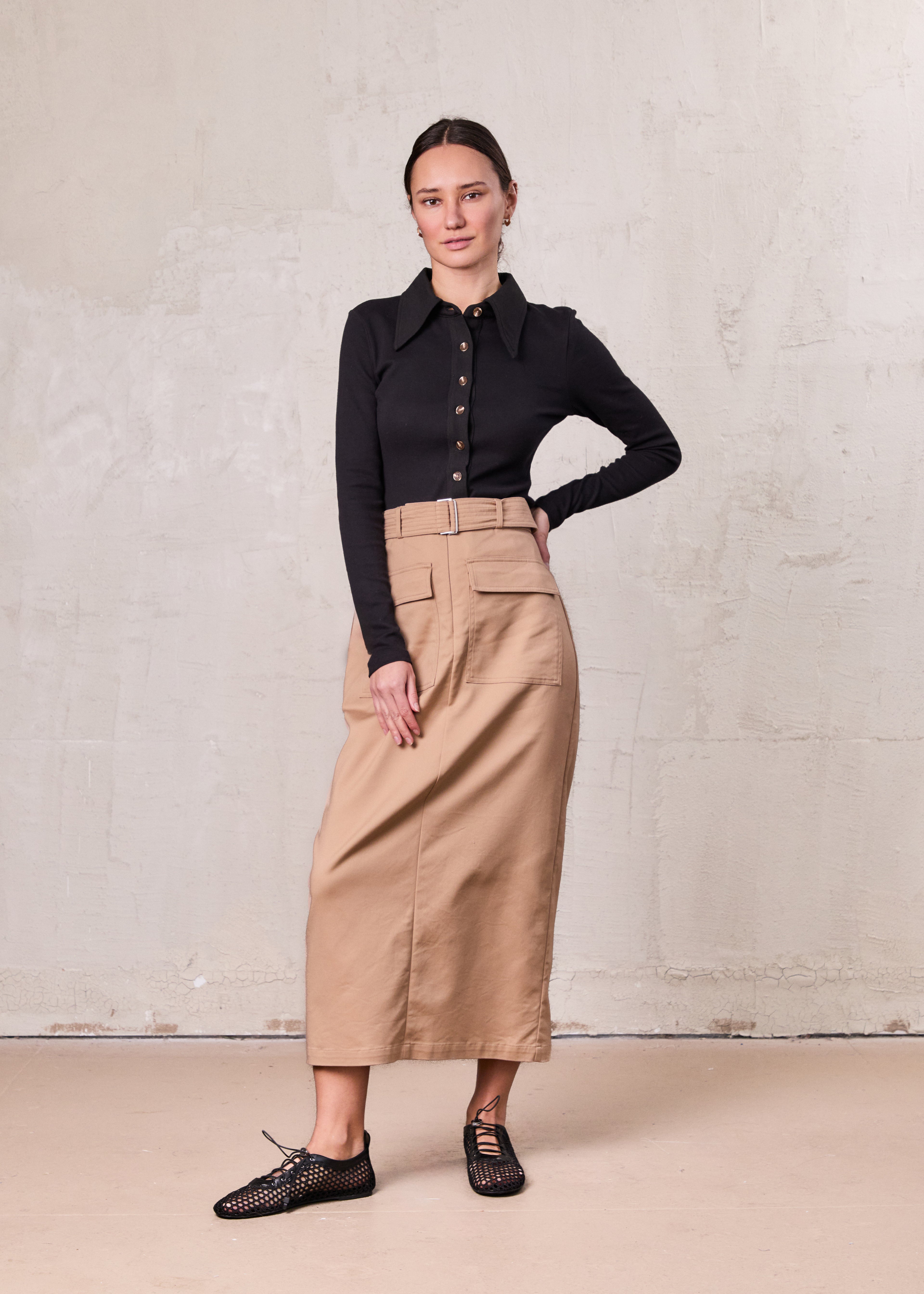 Belted Straight Cargo Pocket Skirt-Tan