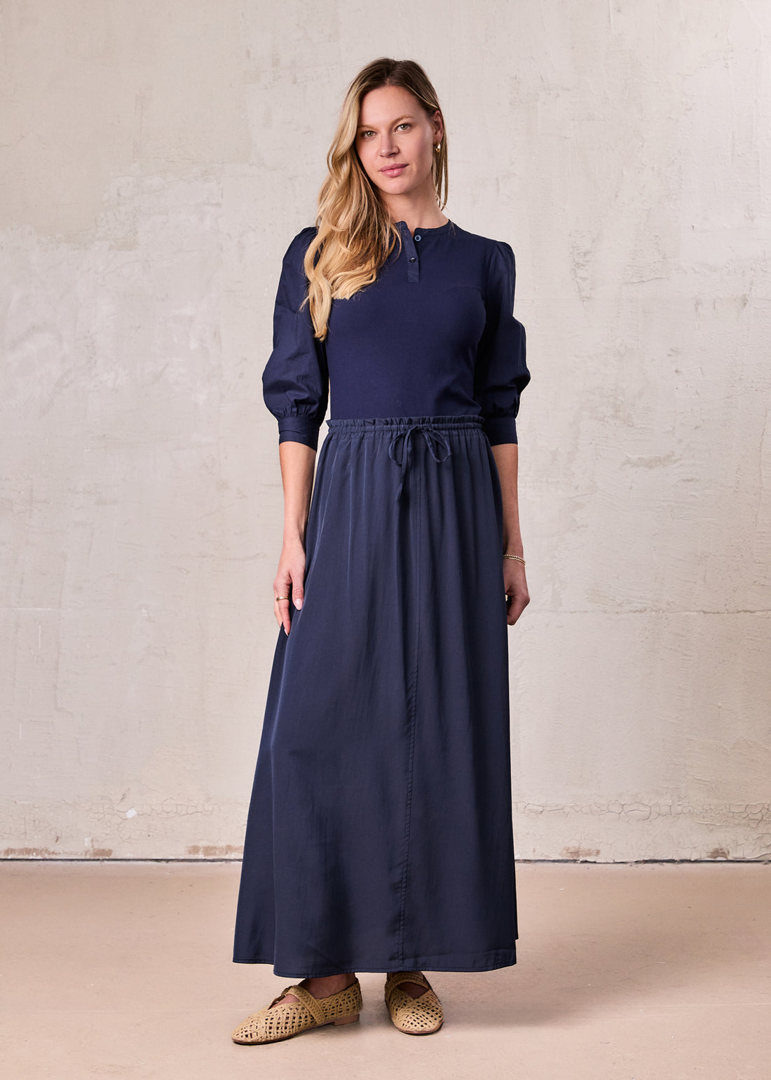 Puff Sleeve Ribbed T-Shirt-Navy