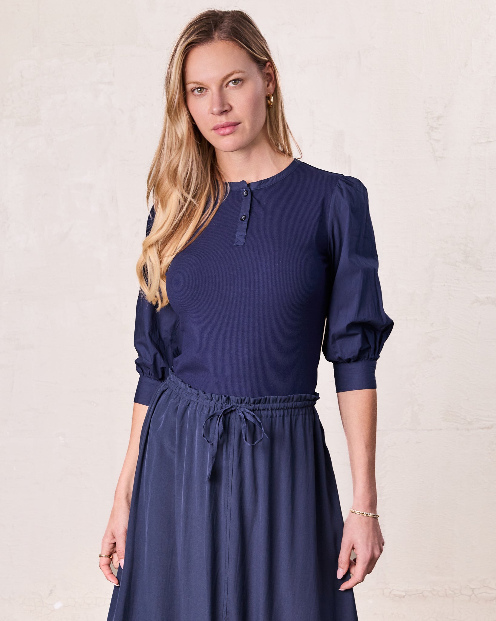 Puff Sleeve Ribbed T-Shirt-Navy